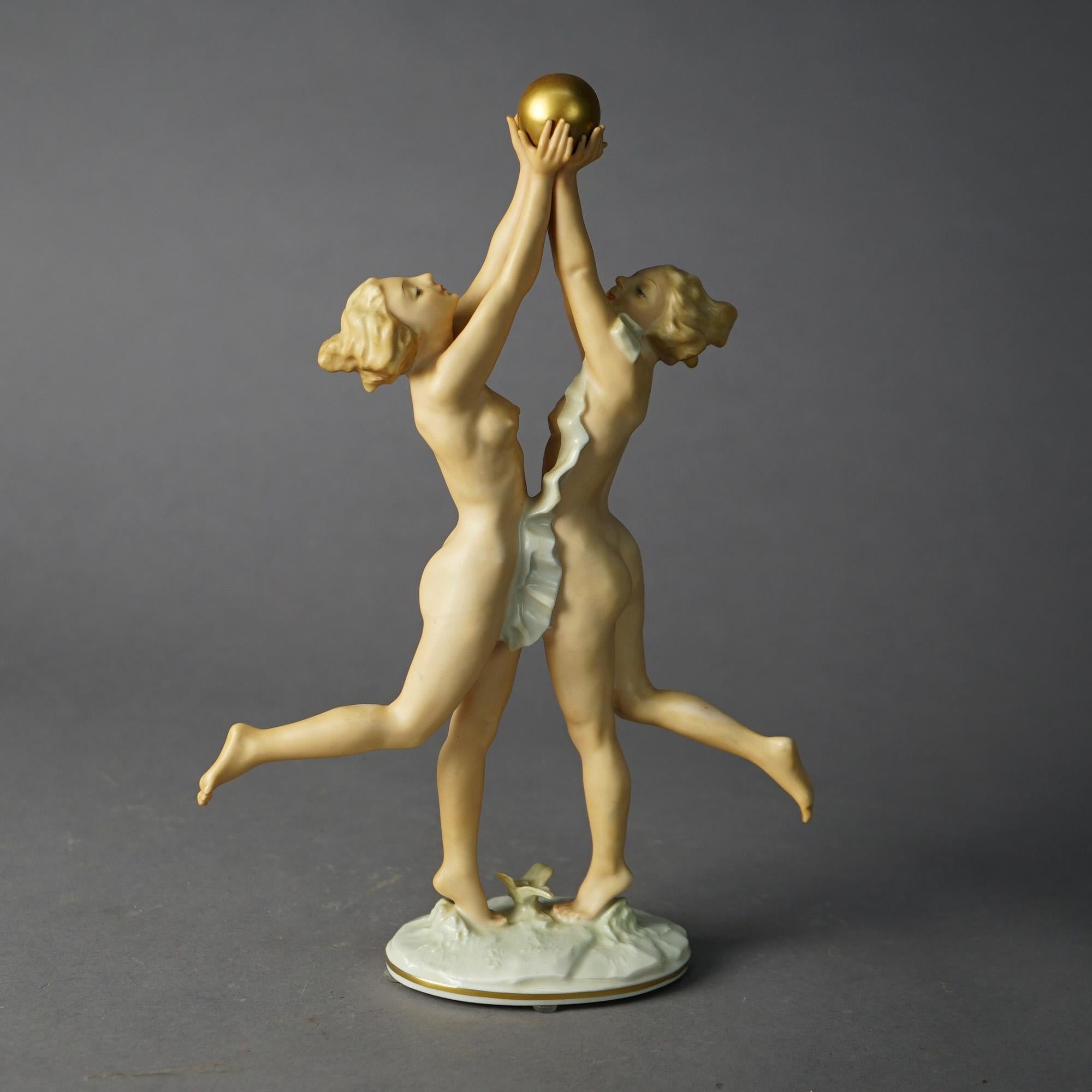 Art Deco Antique Bavarian Hutschenreuther Porcelain Nude Women & Ball, Karl Tutter, c1920