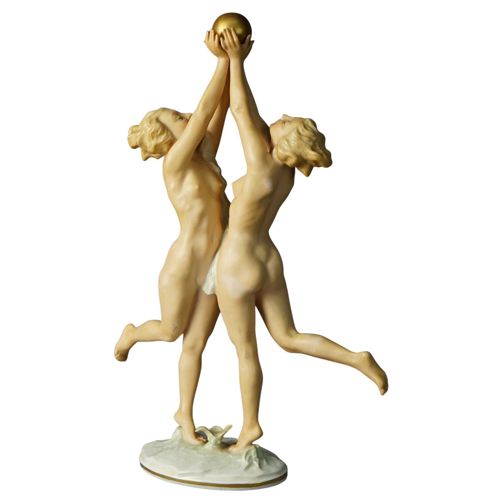 Antique Bavarian Hutschenreuther Porcelain Nude Women & Ball, Karl Tutter, c1920
