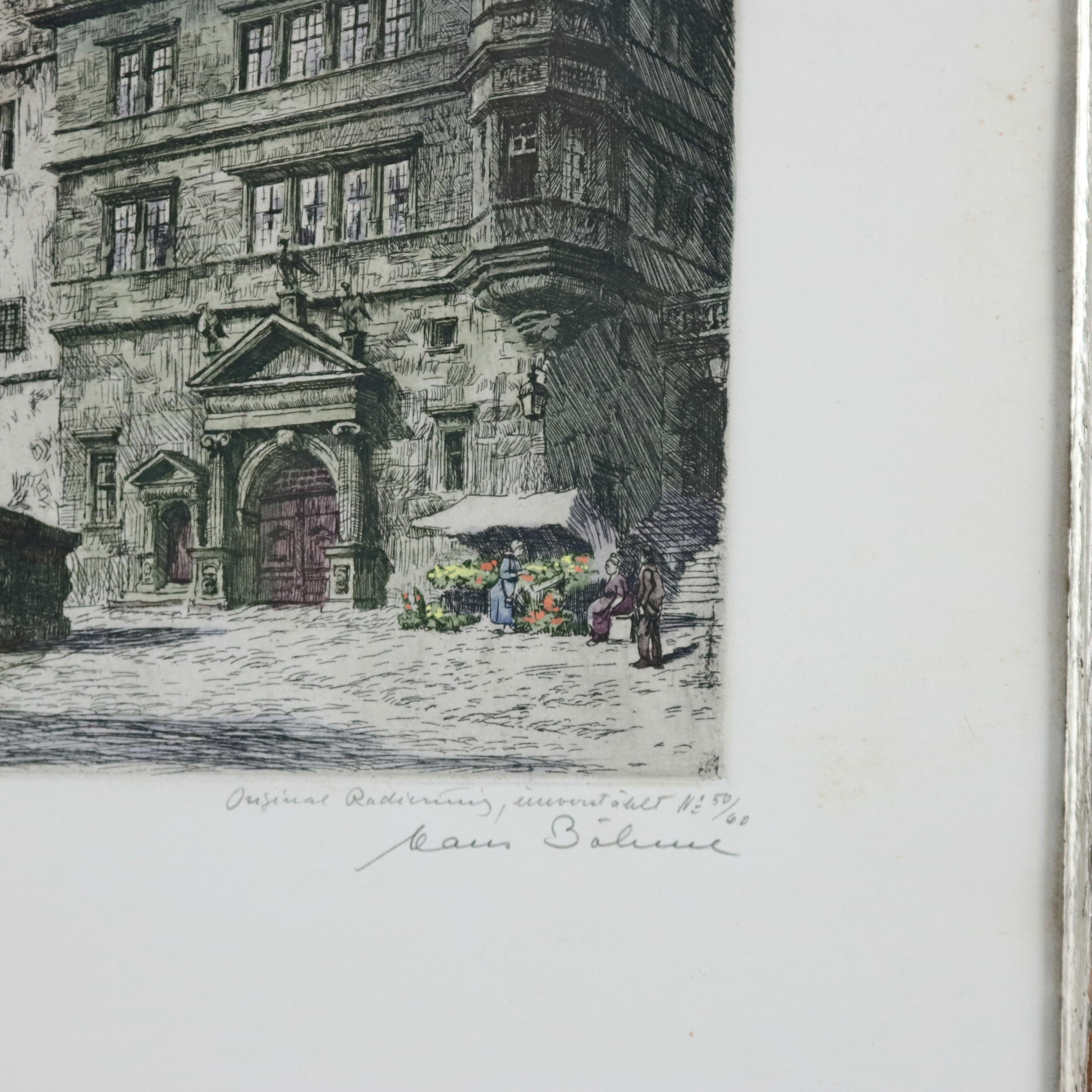 Grabados antiguos bávaros firmados a lápiz de escenas callejeras de Rothenburg, hacia 1900 4