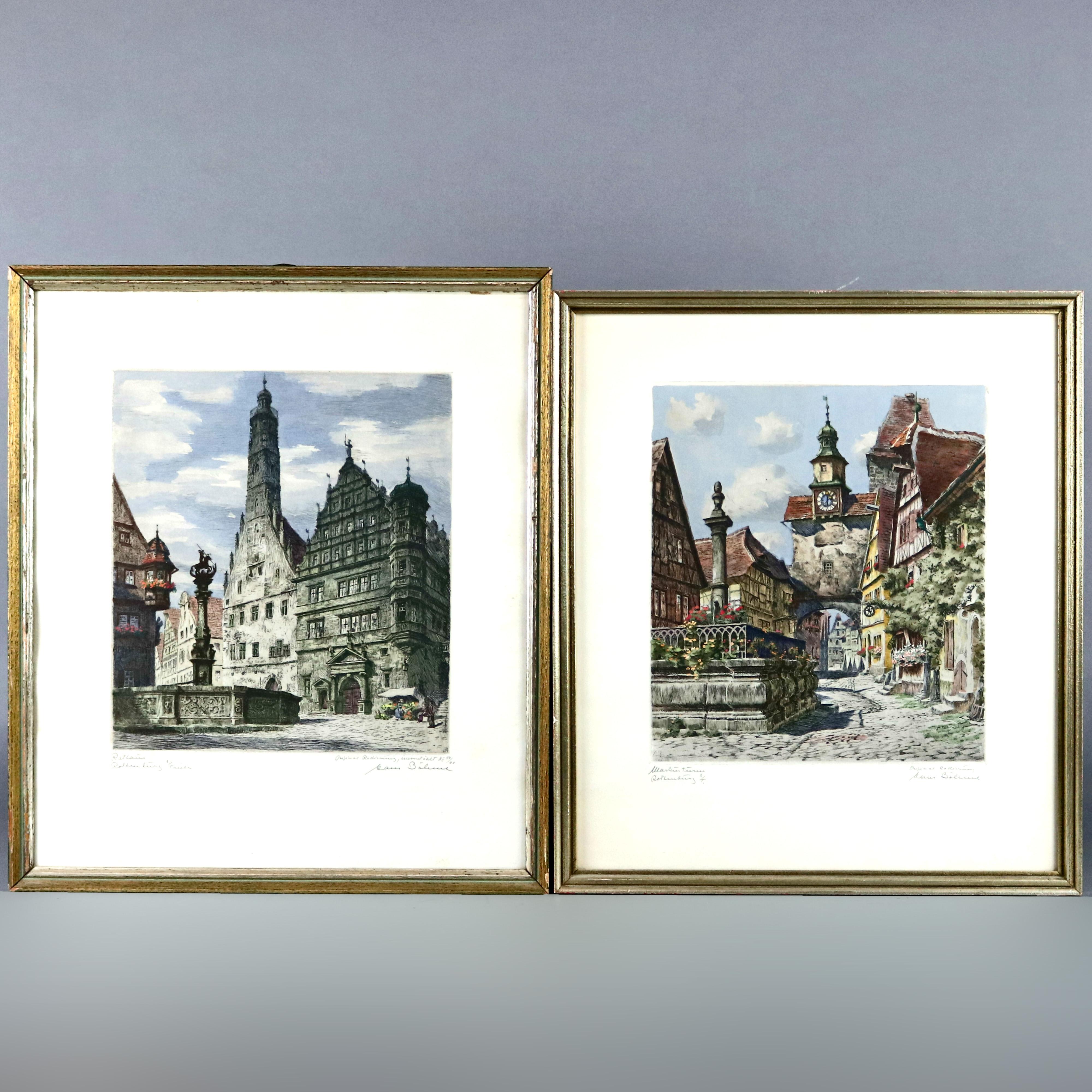 Grabados antiguos bávaros firmados a lápiz de escenas callejeras de Rothenburg, hacia 1900 5