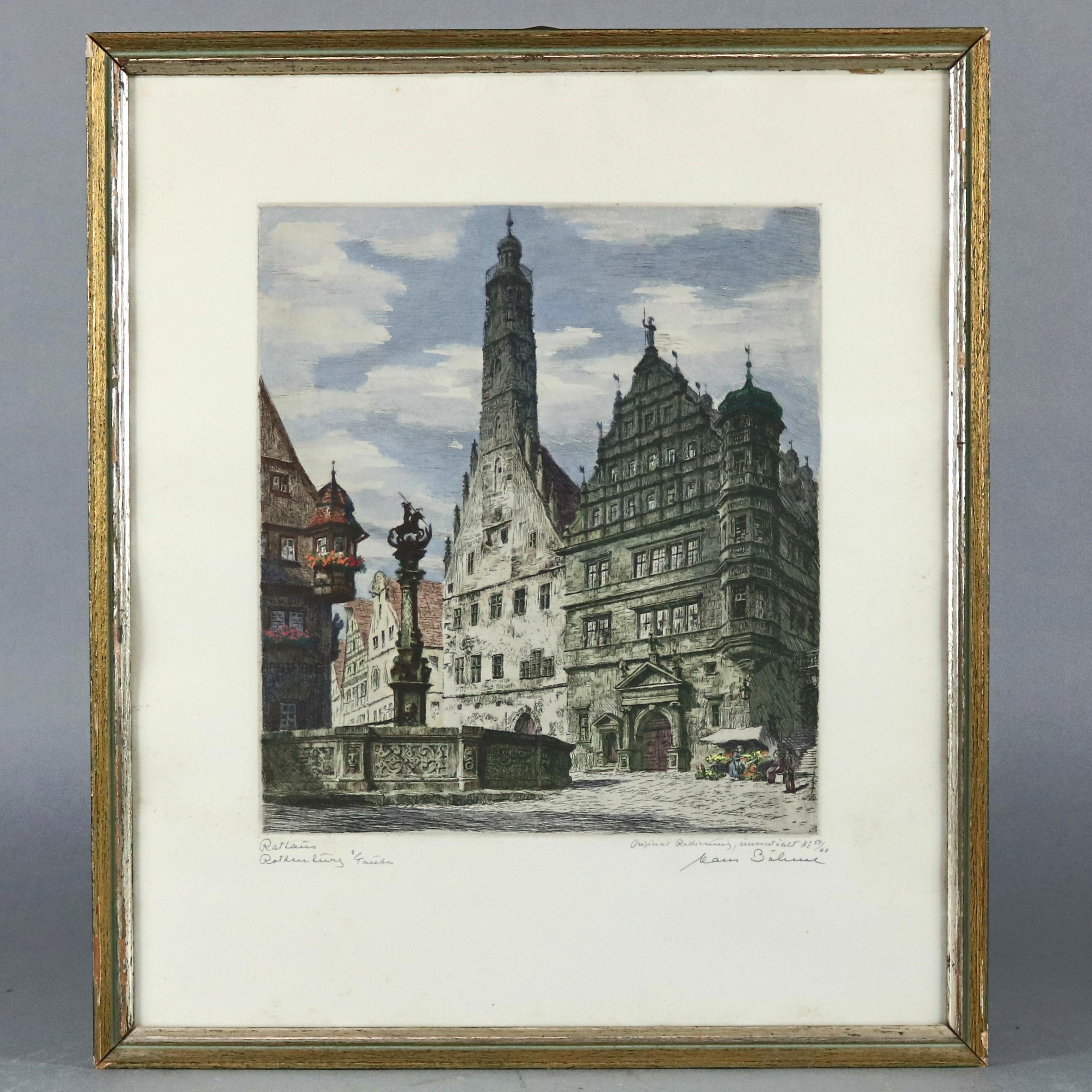 A pair of antique Bavarian etchings depict street scenes of Rothenburg, pencil titled lower right and signed lower left, framed, circa 1900

Measures - 21.5