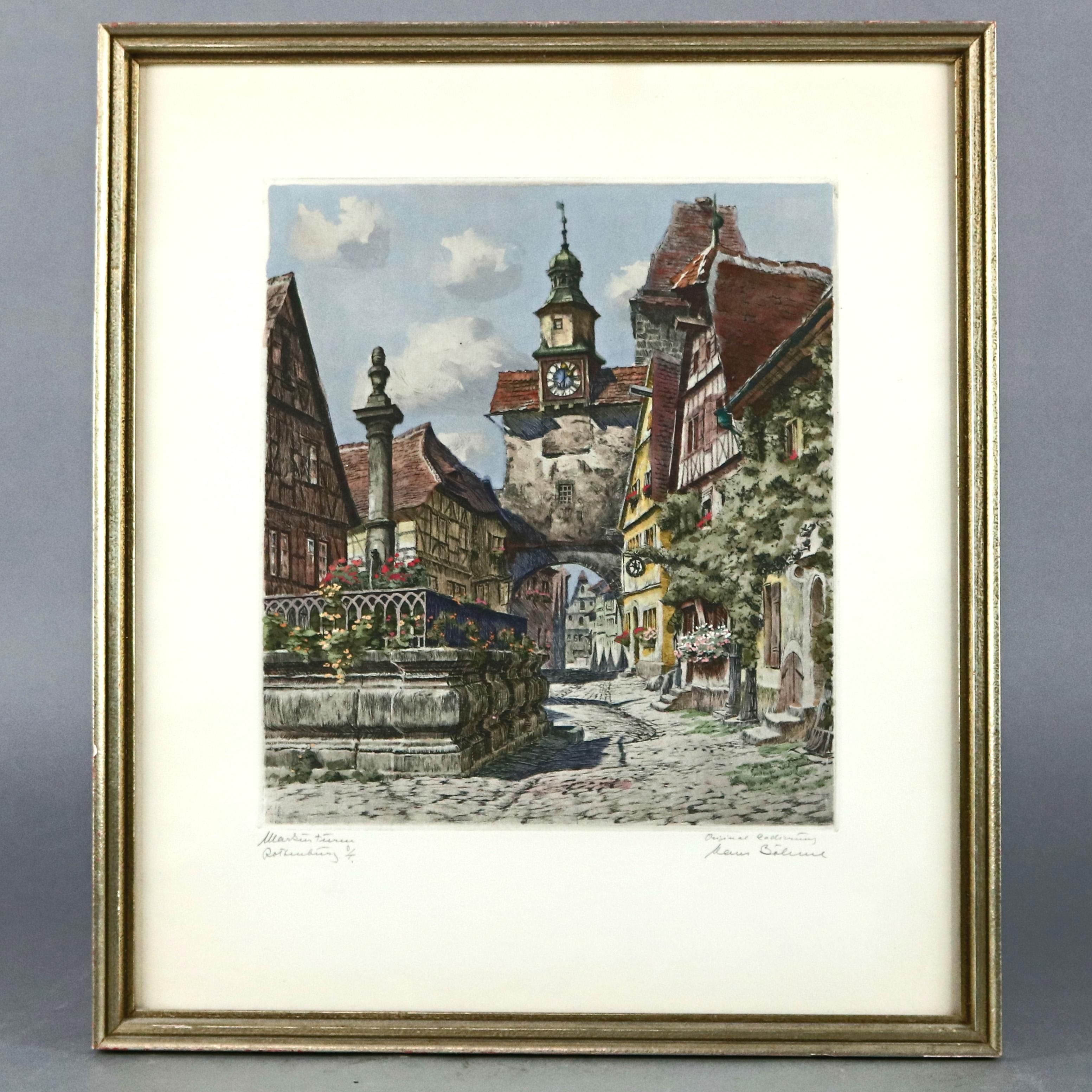 Grabados antiguos bávaros firmados a lápiz de escenas callejeras de Rothenburg, hacia 1900 Alemán