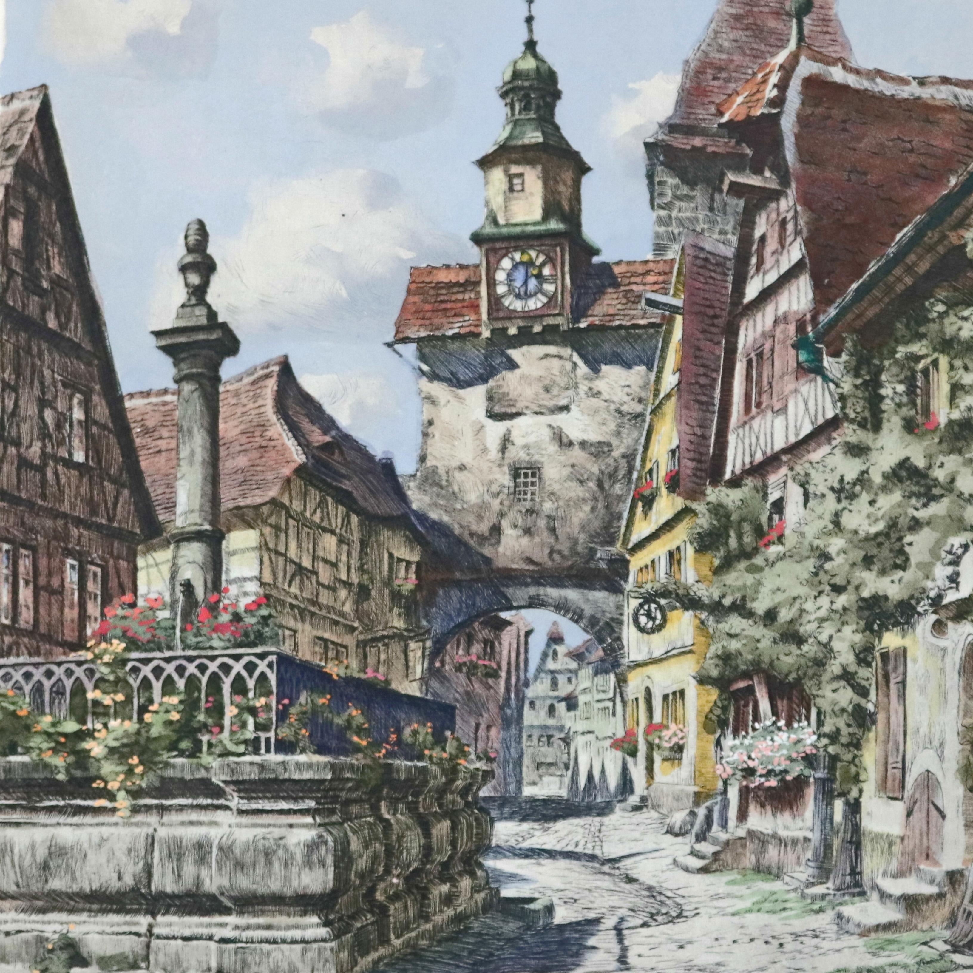 Grabados antiguos bávaros firmados a lápiz de escenas callejeras de Rothenburg, hacia 1900 siglo XX