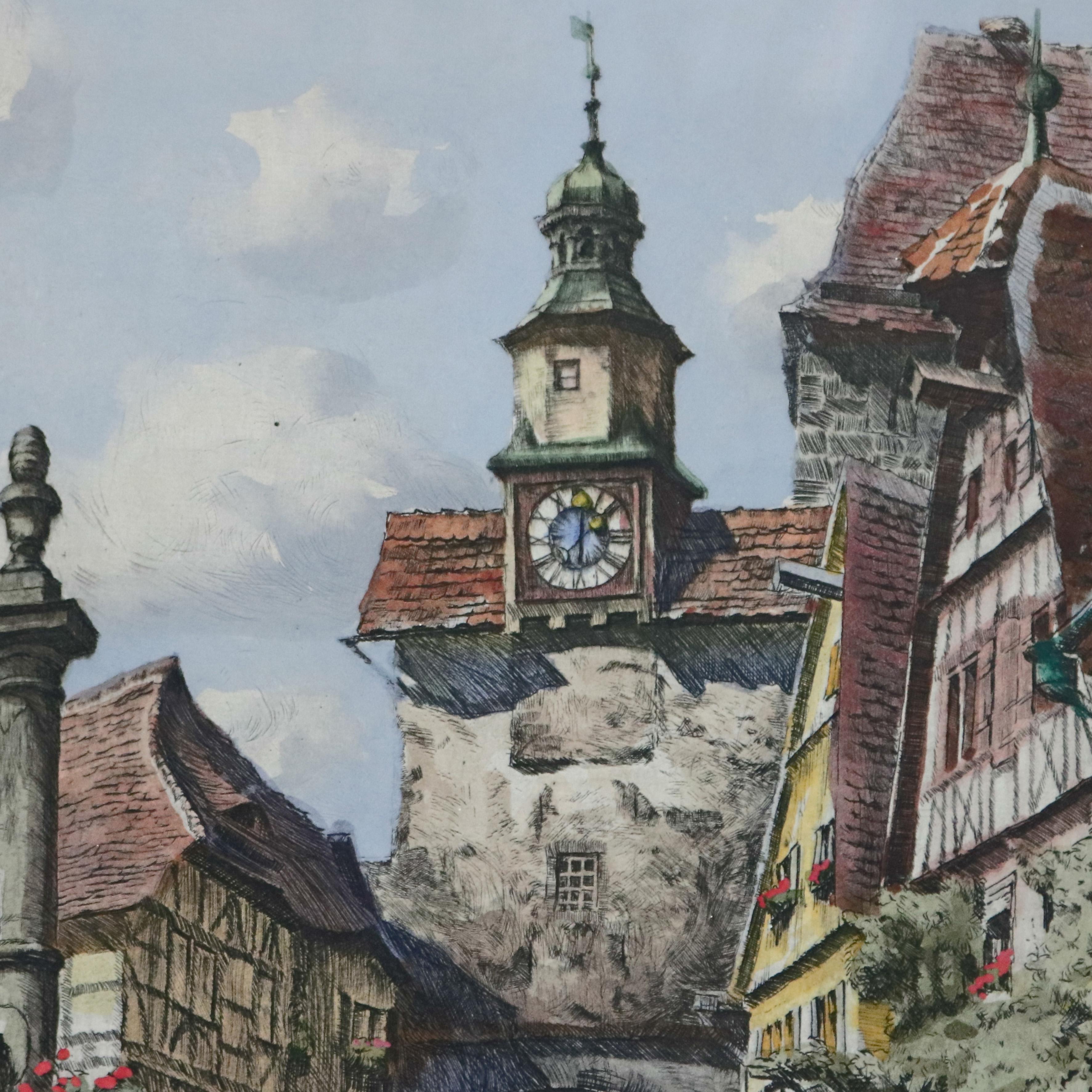 Grabados antiguos bávaros firmados a lápiz de escenas callejeras de Rothenburg, hacia 1900 Papel