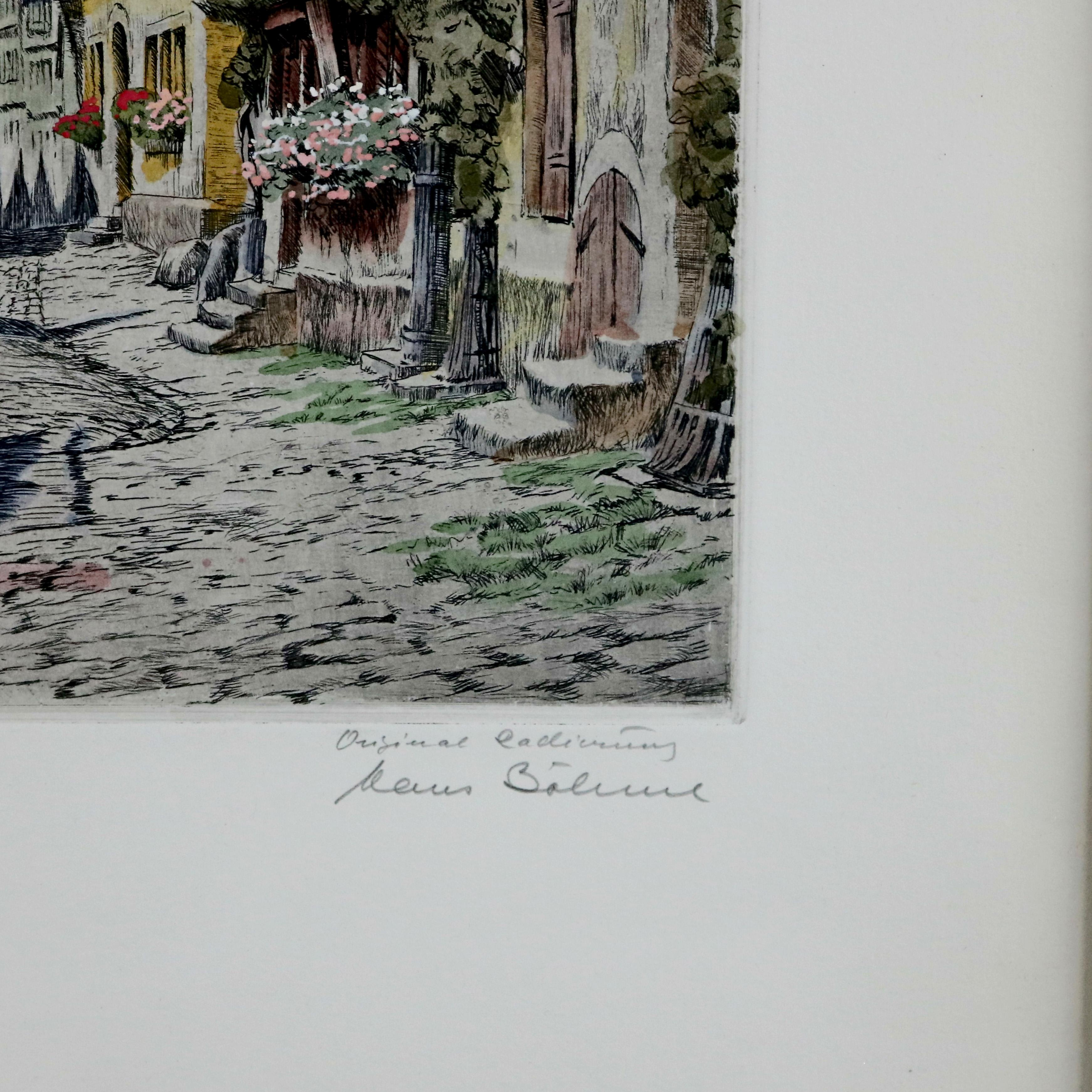 Paper Antique Bavarian Pencil Signed Etchings of Rothenburg Street Scenes, circa 1900