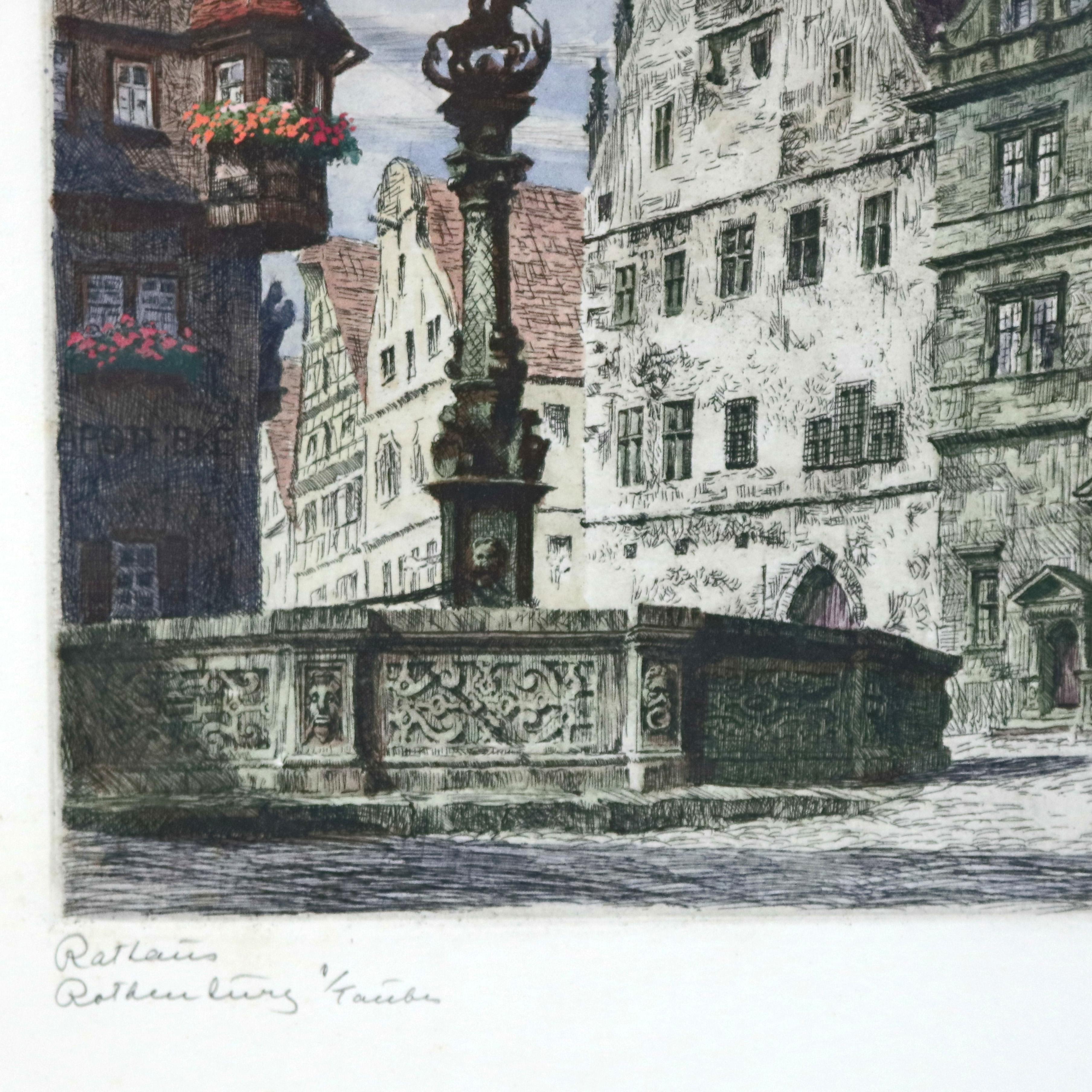 Antique Bavarian Pencil Signed Etchings of Rothenburg Street Scenes, circa 1900 1