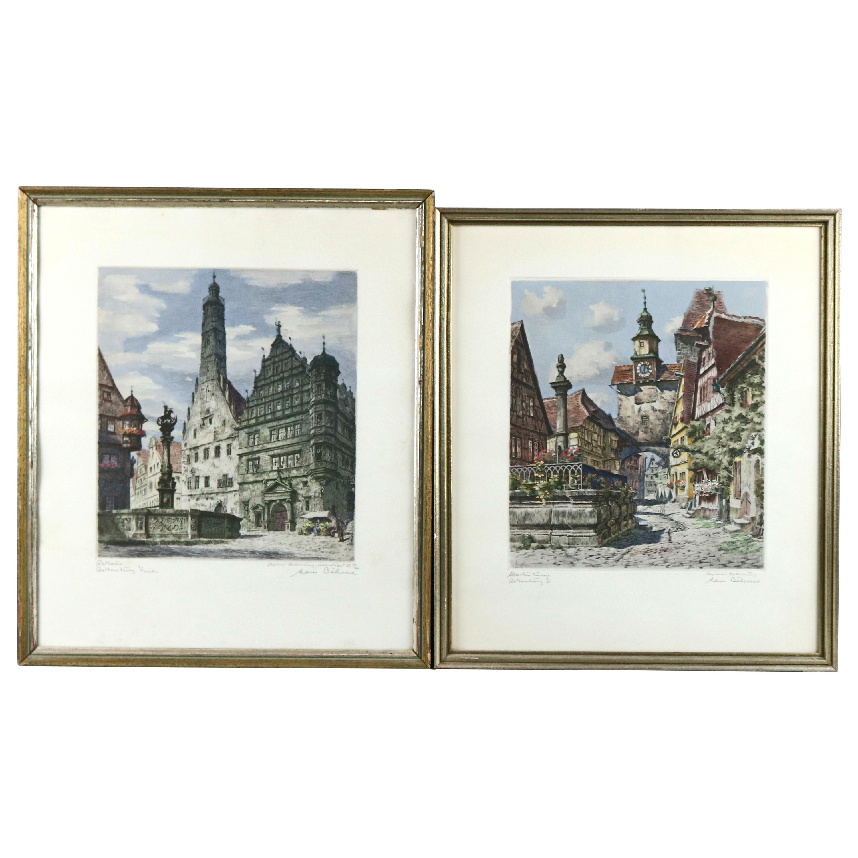 Antique Bavarian Pencil Signed Etchings of Rothenburg Street Scenes, circa 1900