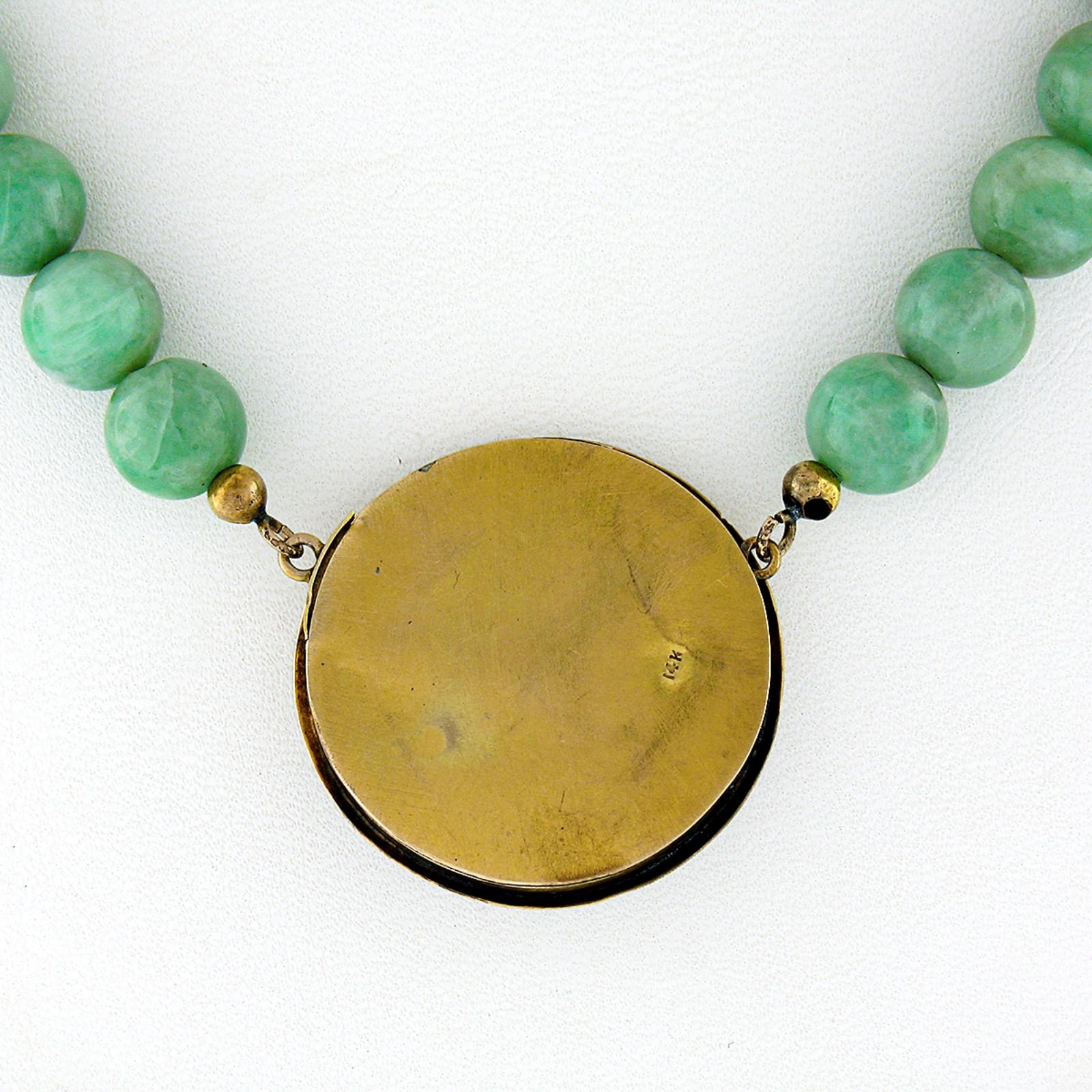 Round Cut Antique Bead Strand Necklace W/ Carved Green Jade Etched 14k Gold Pendant For Sale