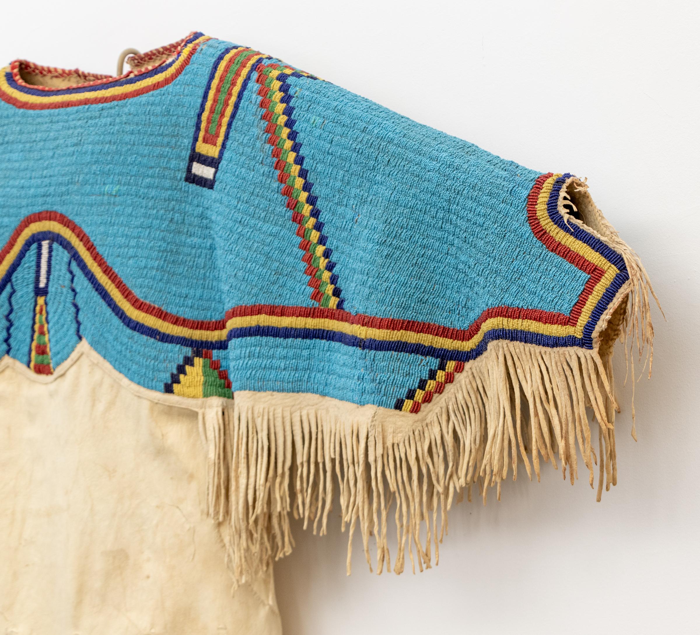 19th Century Circa 1880 Sioux Beaded Deer Hide Dress, Plains Native American, Fringe For Sale