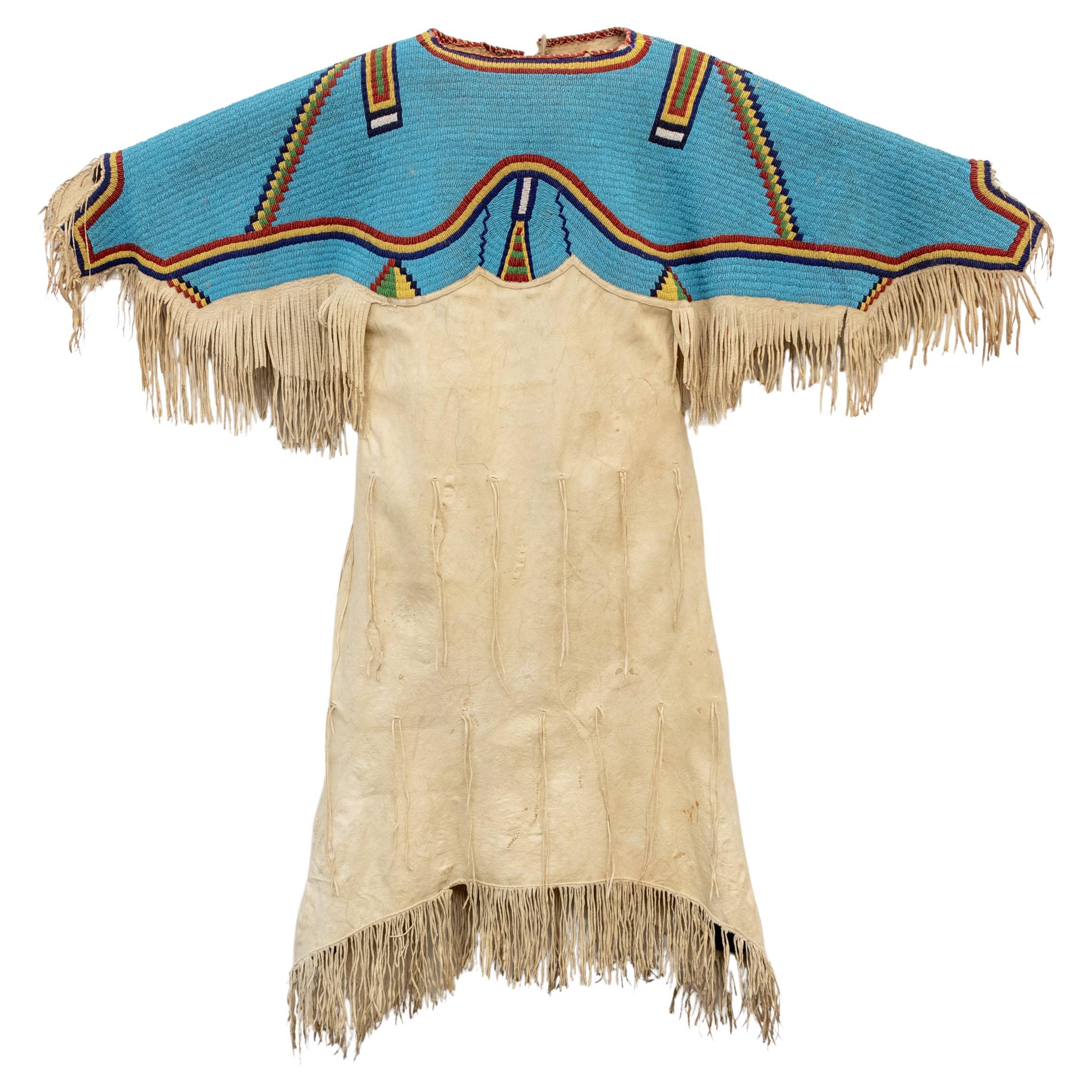 Circa 1880 Sioux Beaded Deer Hide Dress, Plains Native American, Fringe For Sale