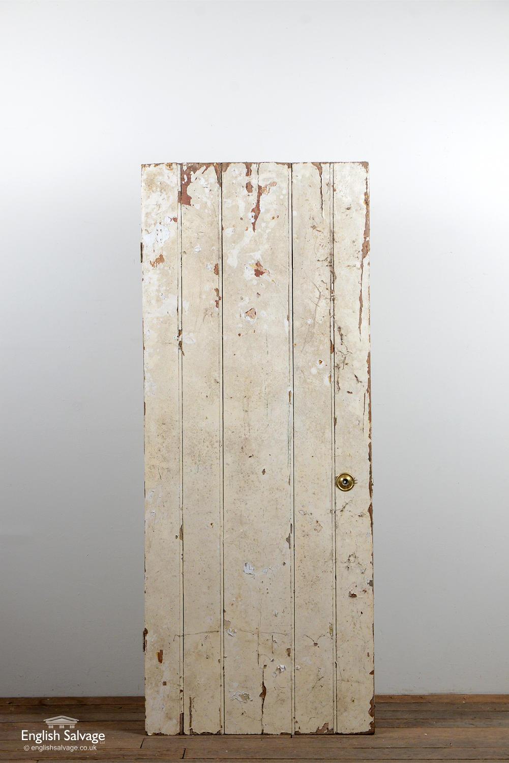 Reclaimed old beaded plank door made from elm. Old hinges, handle, lock and nail holes present.