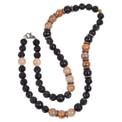 Collana antica in perline d'argento con quarzo rutilo, giada, onice e diamanti