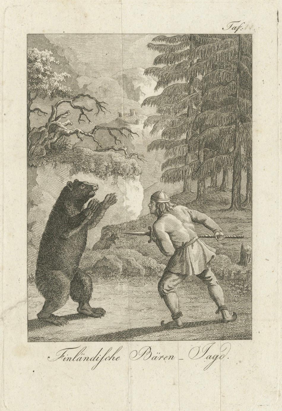 Engraved Antique Bear Hunting Prints – Finland & Poland Forest Scenes – 18th Century For Sale