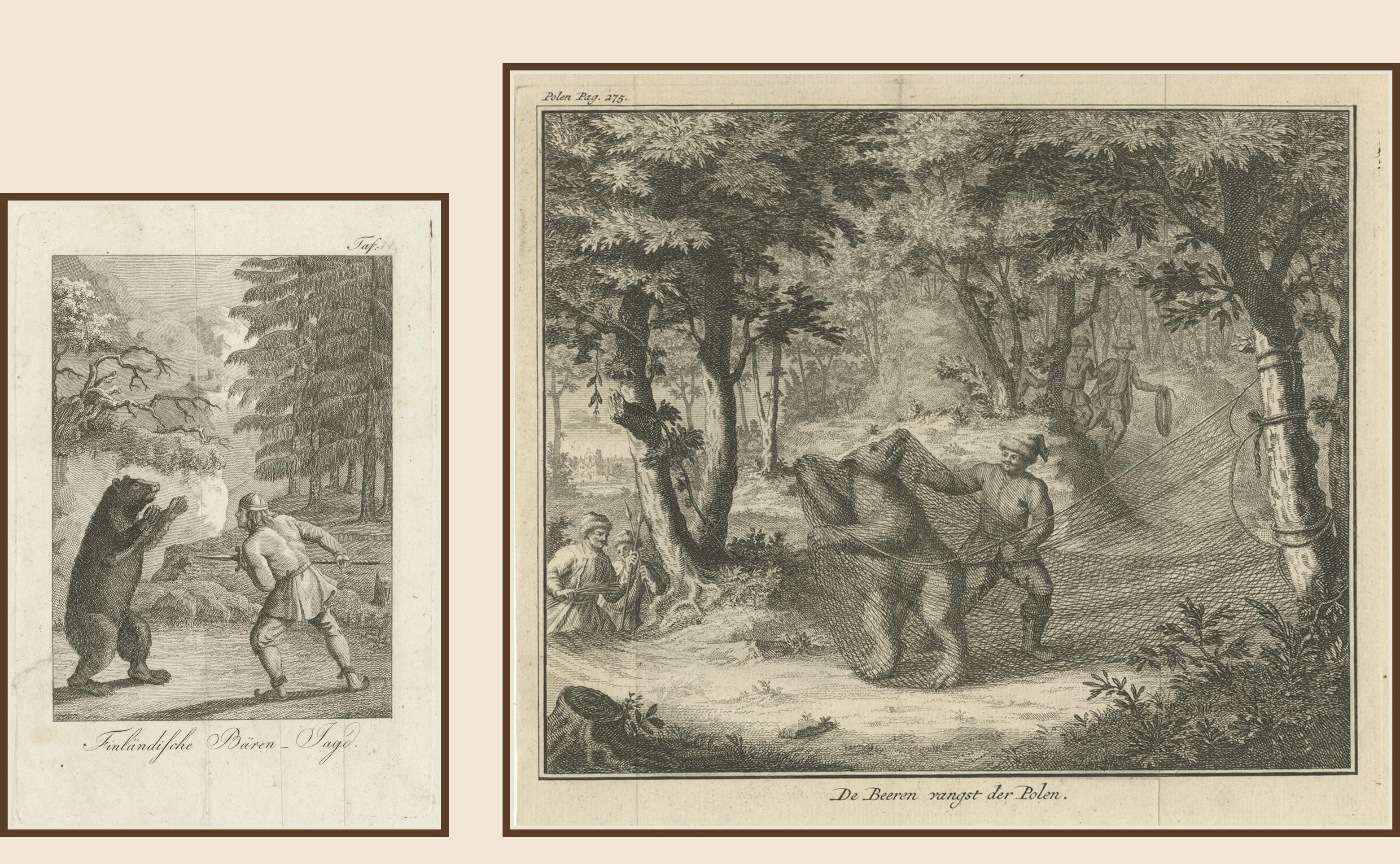 Paper Antique Bear Hunting Prints – Finland & Poland Forest Scenes – 18th Century For Sale