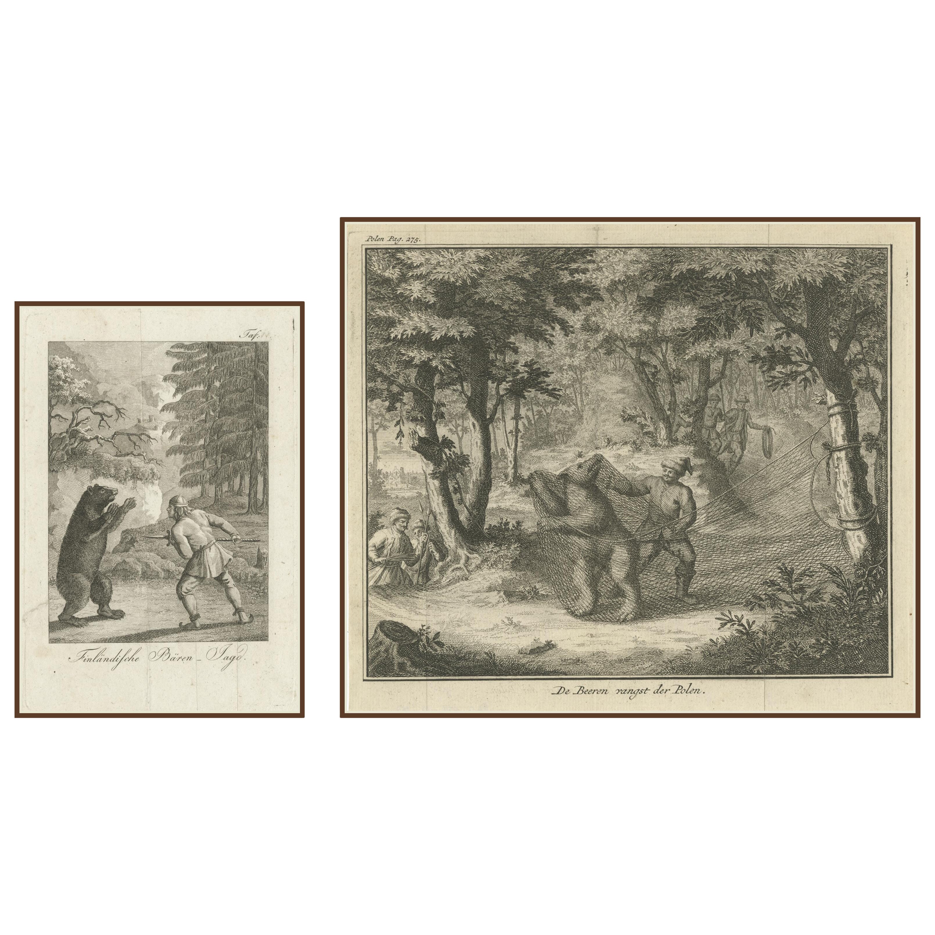 Antique Bear Hunting Prints – Finland & Poland Forest Scenes – 18th Century For Sale