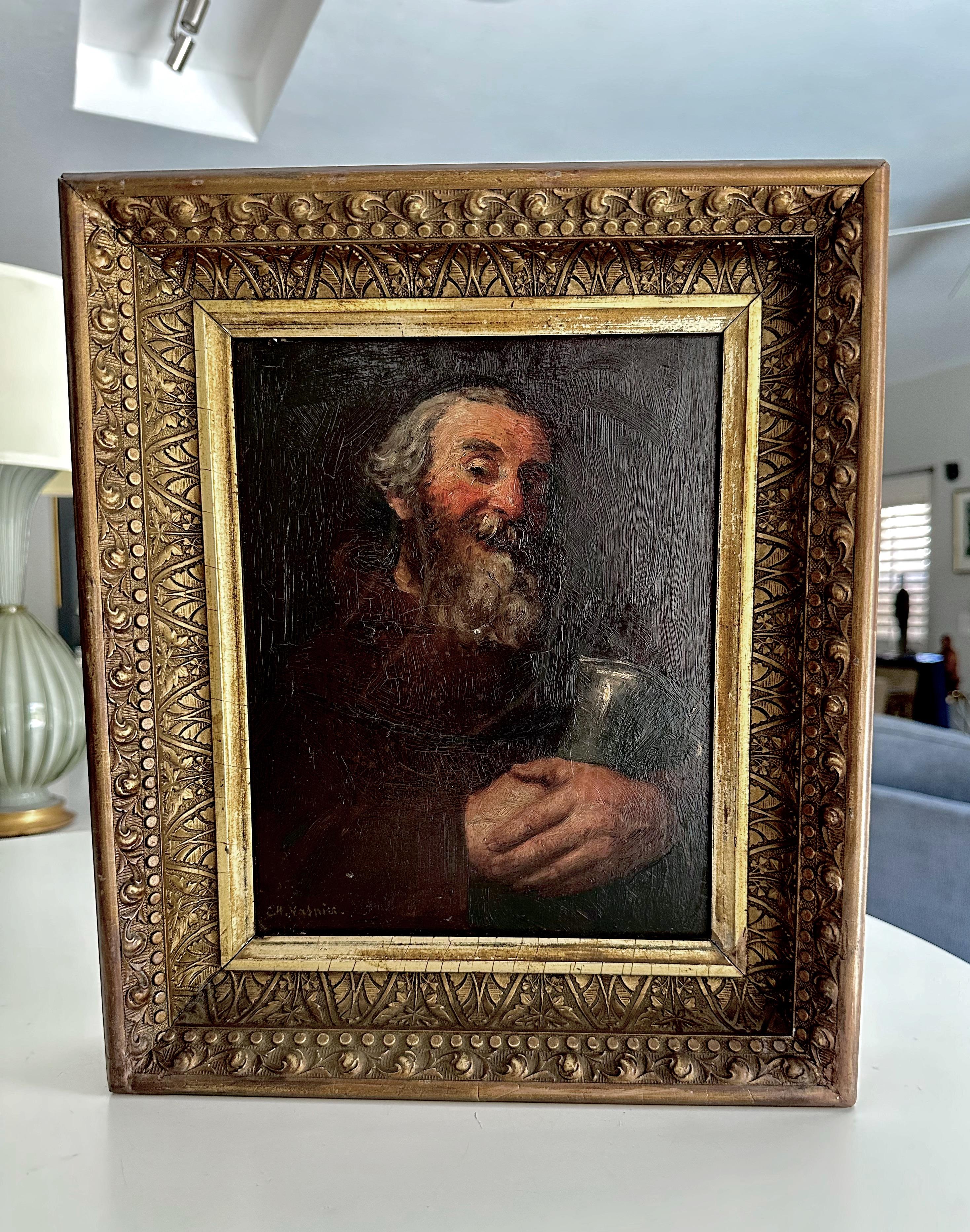 Antique Bearded Scholar Framed Oil Painting by Charles Vasnier For Sale 8