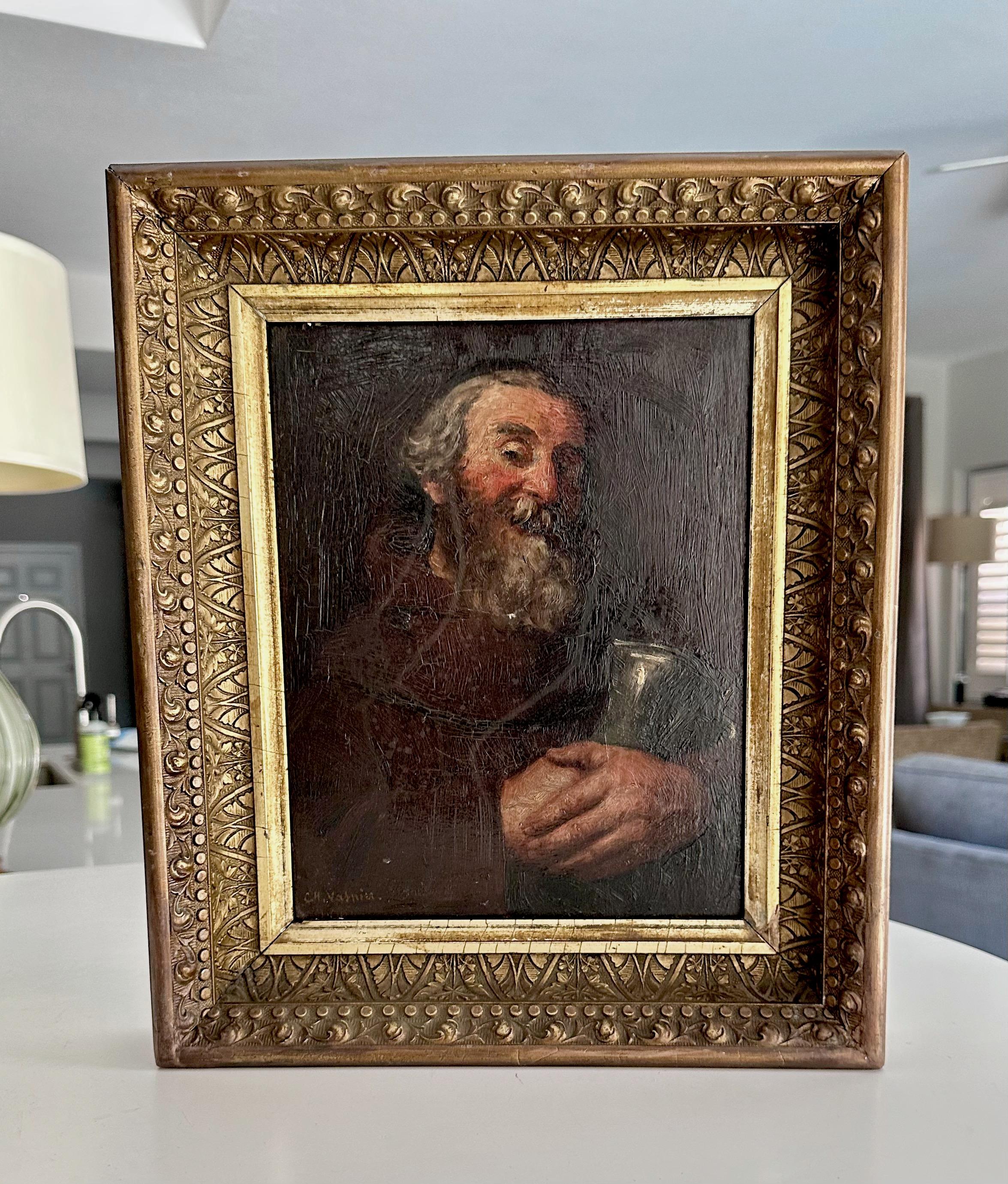 Framed antique oil painting on board of a bearded Scholar dressed in period clothing holding an object, by French listed artist Charles Vasnier (1873-1961). Signed C.H. Vasnier.  

Frame size 14