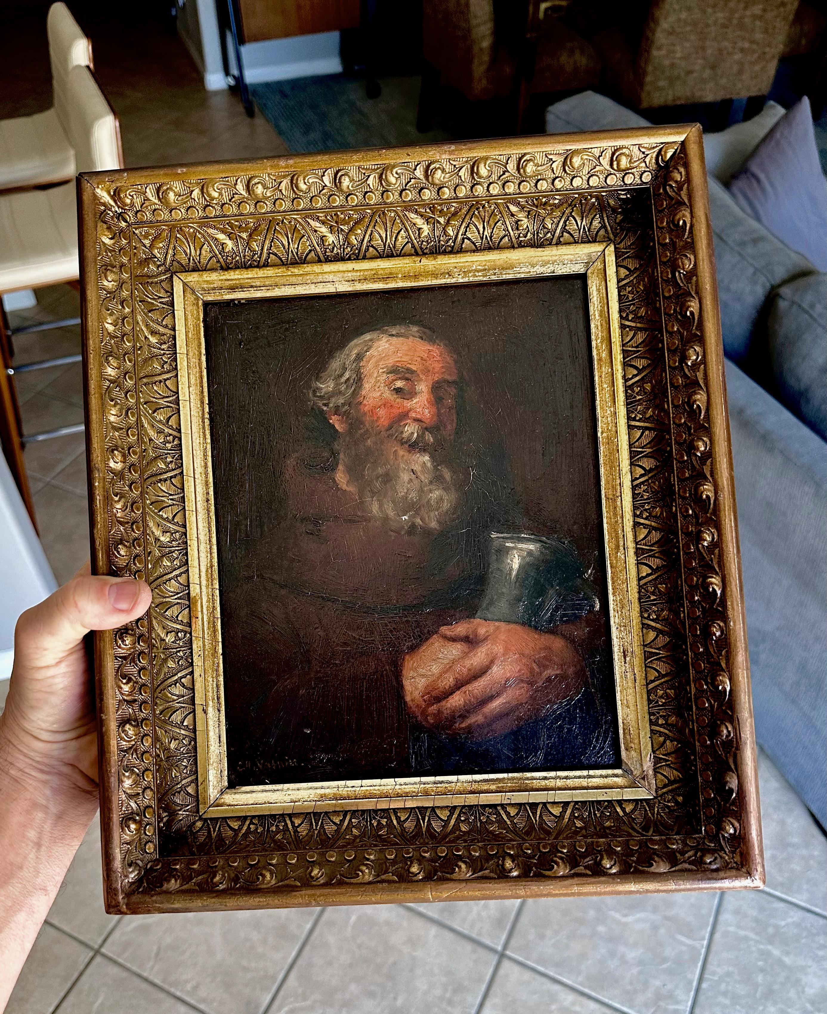 French Antique Bearded Scholar Framed Oil Painting by Charles Vasnier For Sale