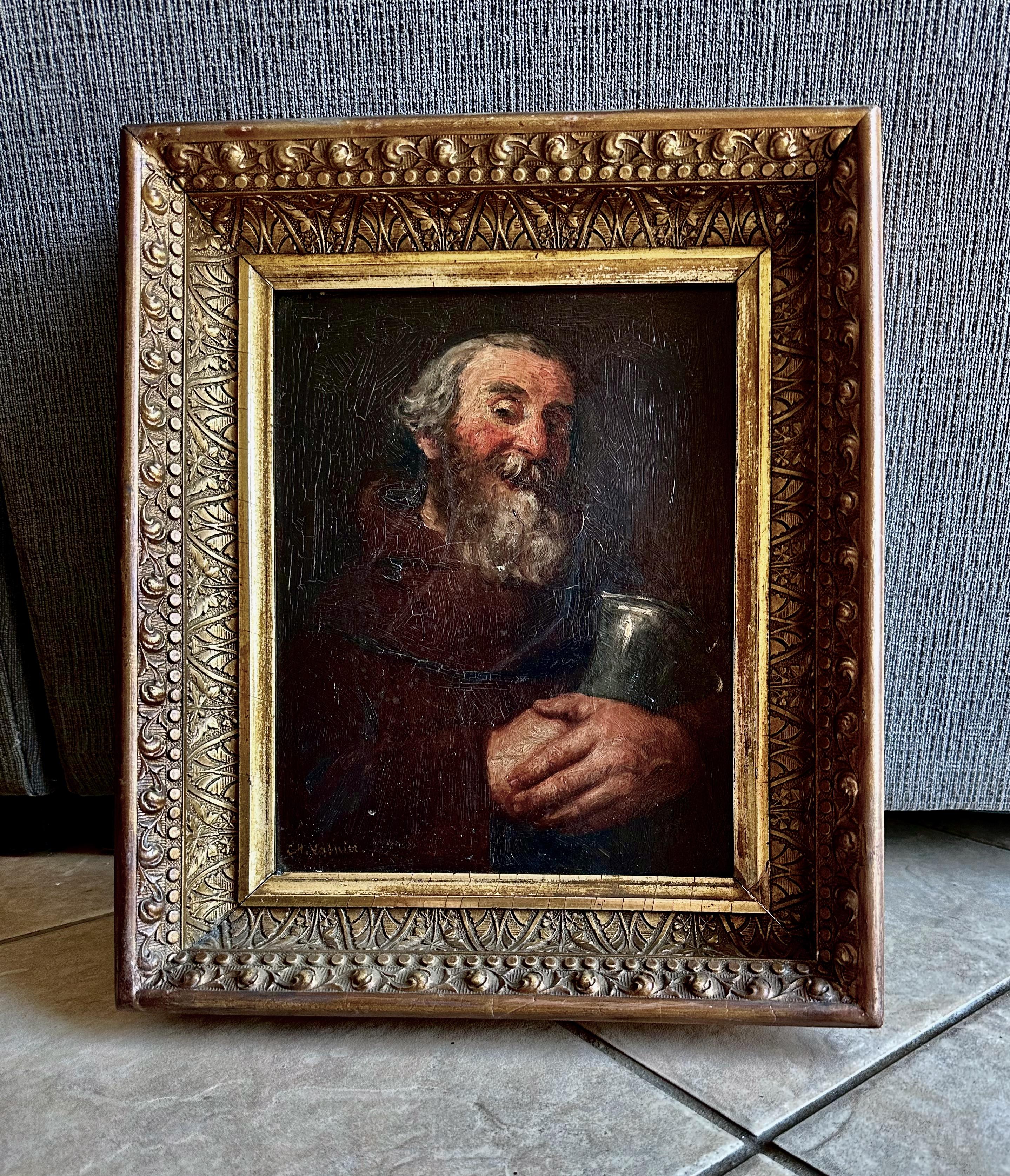 Wood Antique Bearded Scholar Framed Oil Painting by Charles Vasnier For Sale