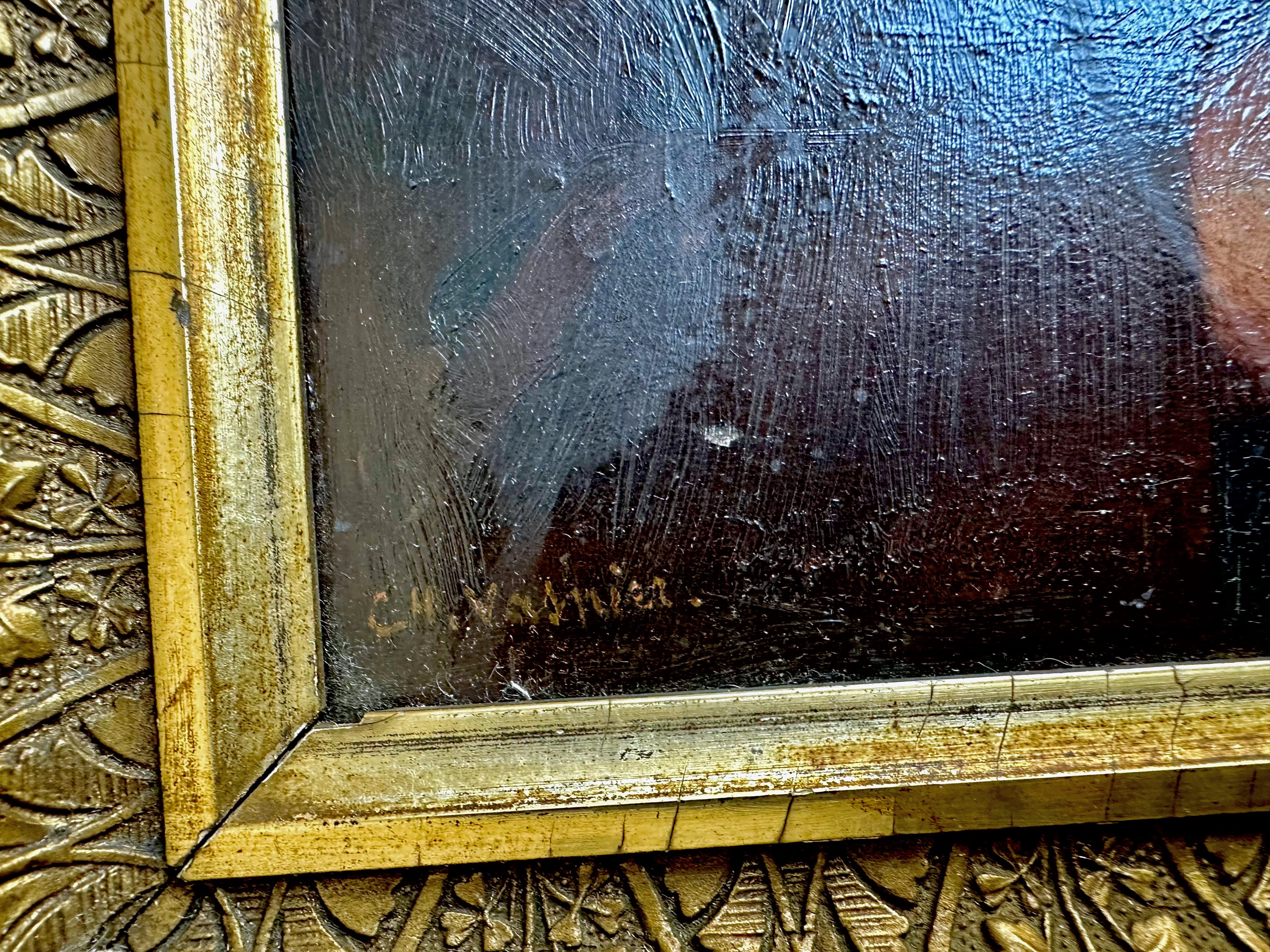 Antique Bearded Scholar Framed Oil Painting by Charles Vasnier For Sale 1