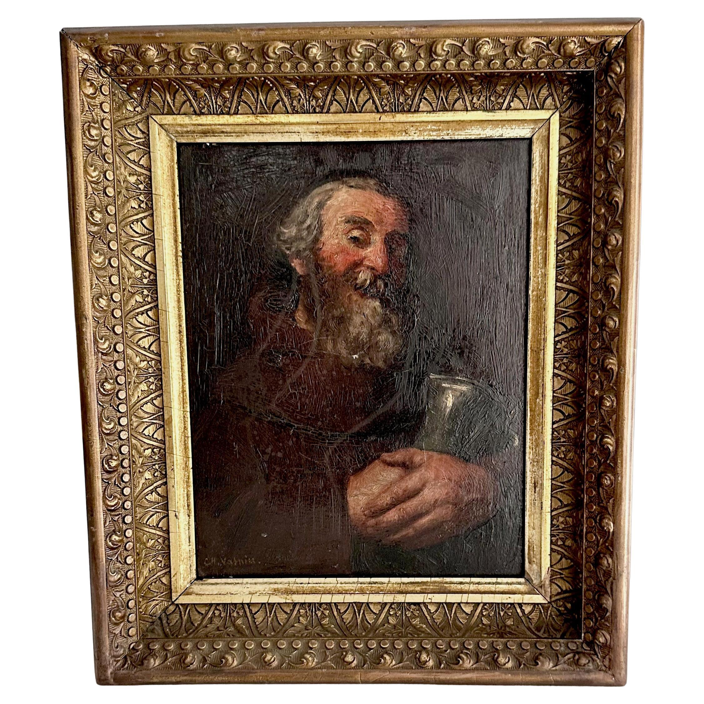 Antique Bearded Scholar Framed Oil Painting by Charles Vasnier For Sale