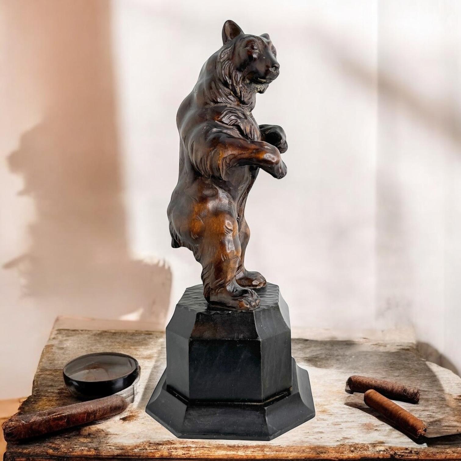 Swiss Antique beautiful Brienz Bear Statue Wood Carved on an Ebonized Wooden Base 1890 For Sale