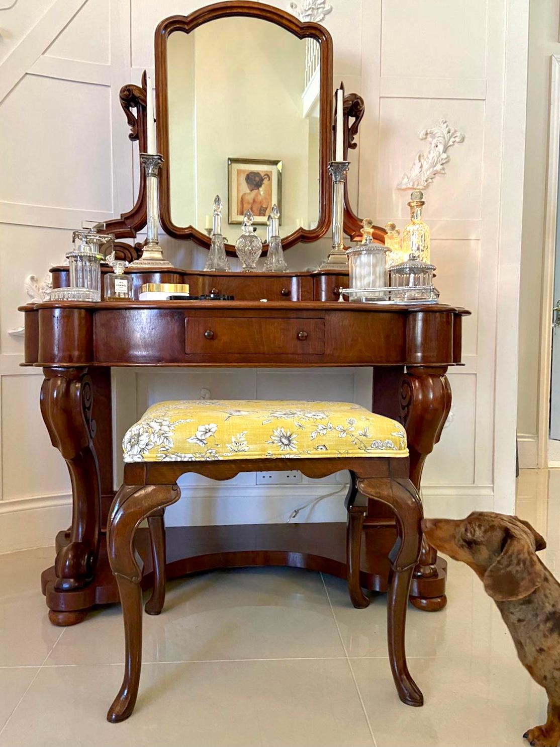 Antique Victorian walnut stool having a pretty newly upholstered seat in a quality fabric depicting finches and wild flowers. It is raised on superb solid walnut cabriole legs with a pad foot.

A very attractive example of desirable colour in