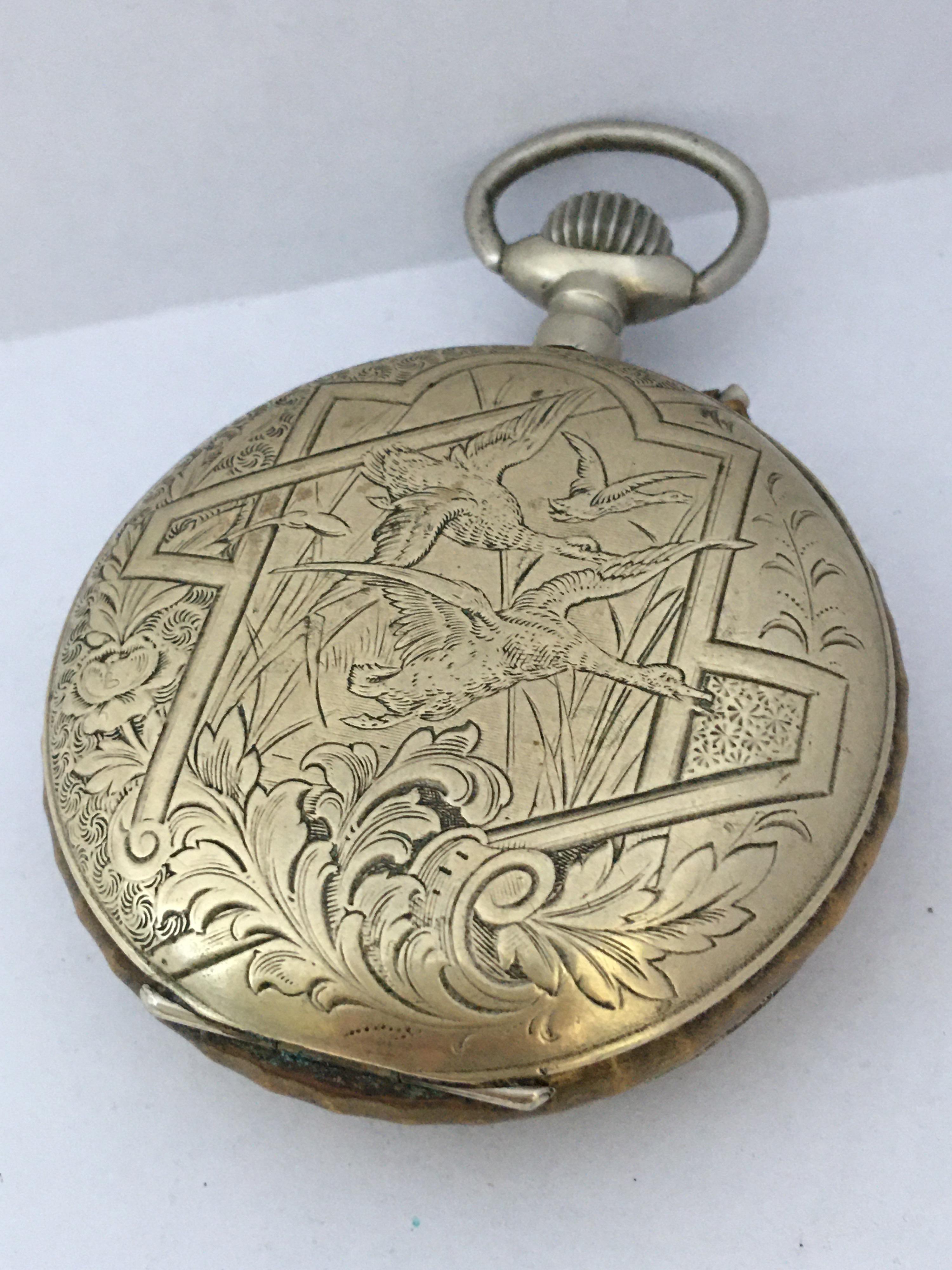 Antique Beautifully Engraved Hand Winding Pocket Watch with Roskopf Escapement For Sale 8