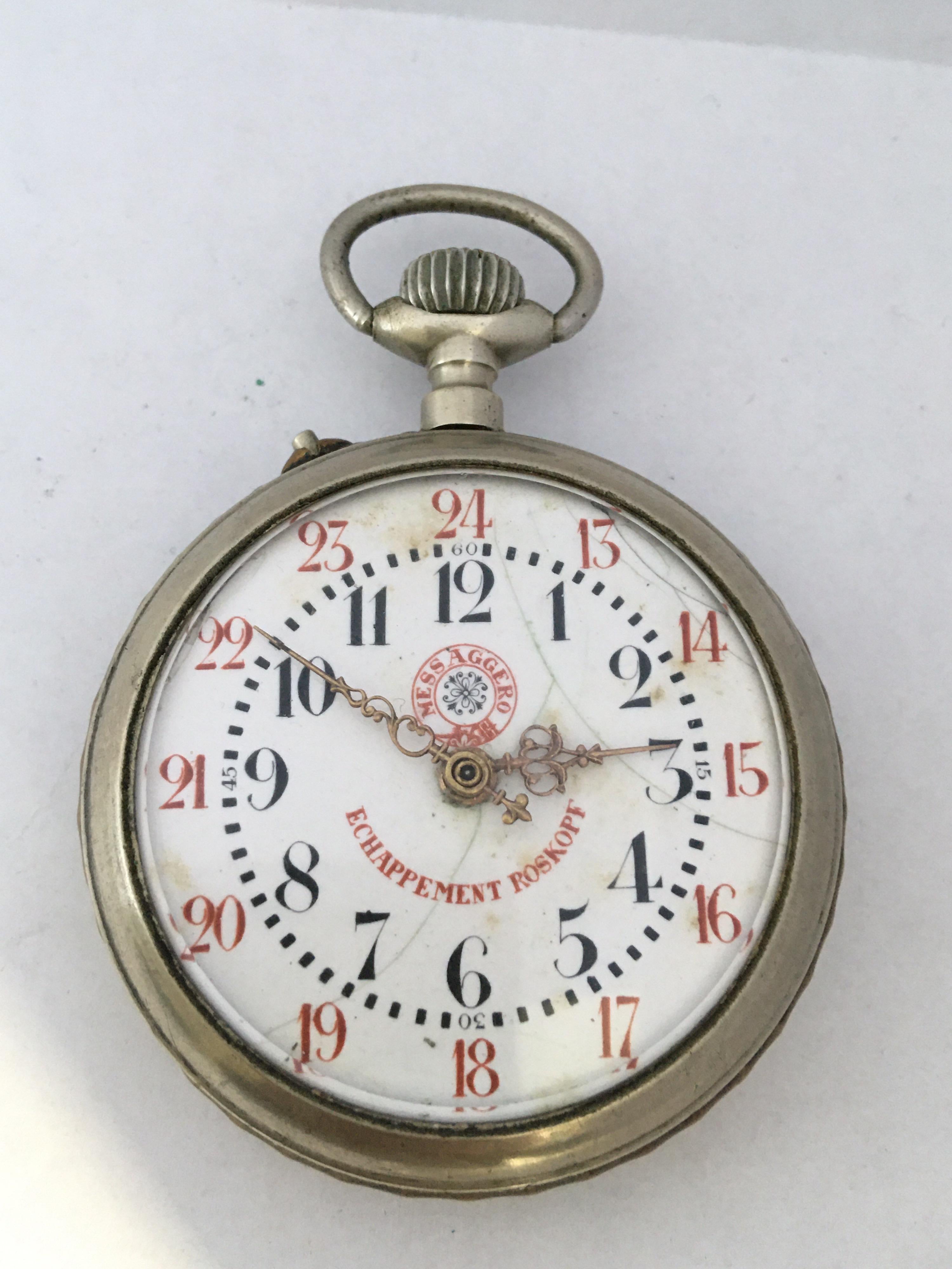 This beautiful 56mm diameter hand winding pin set pocket watch is working and it is ticking well. Visita signs of ageing and wear with some cracks on the while enamel dial. Some scratches and and tiny dents on the white metal watch case. Please
