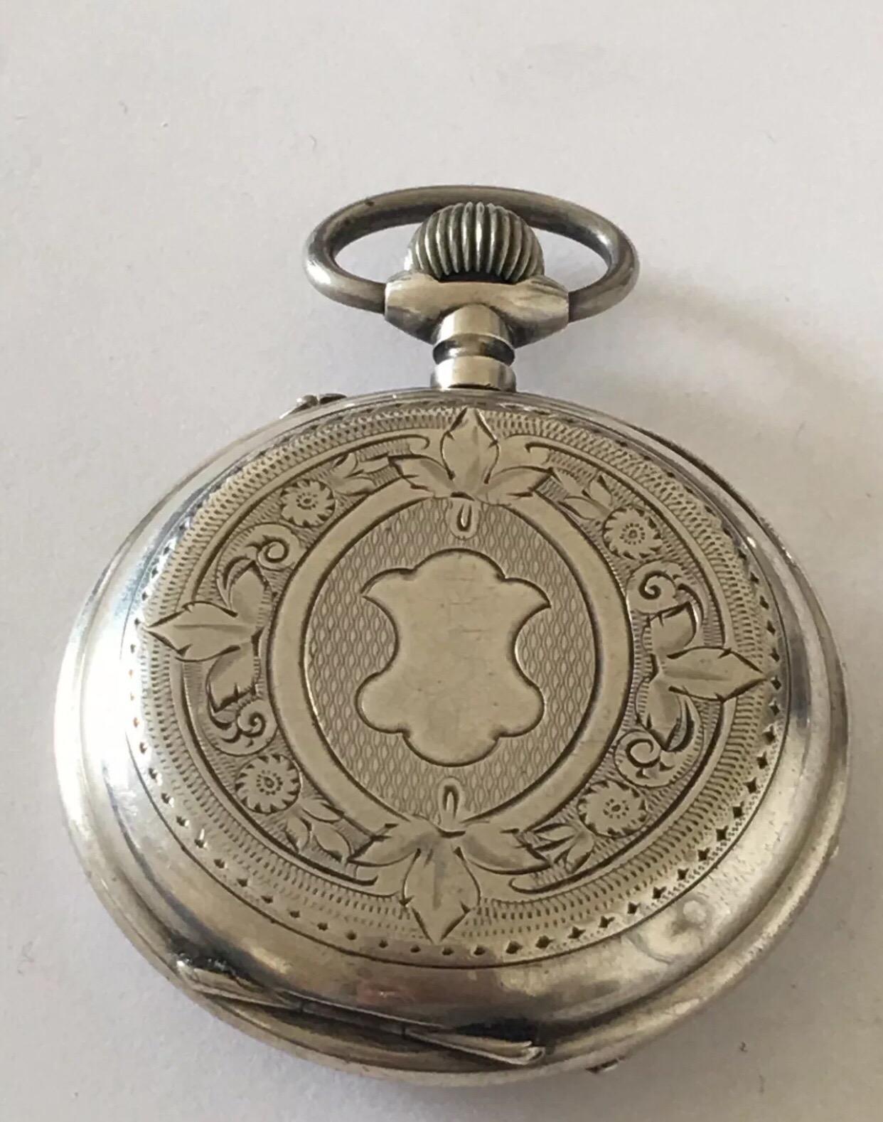 Antique Beautifully Engraved Silver Cased Pocket Watch For Sale 4