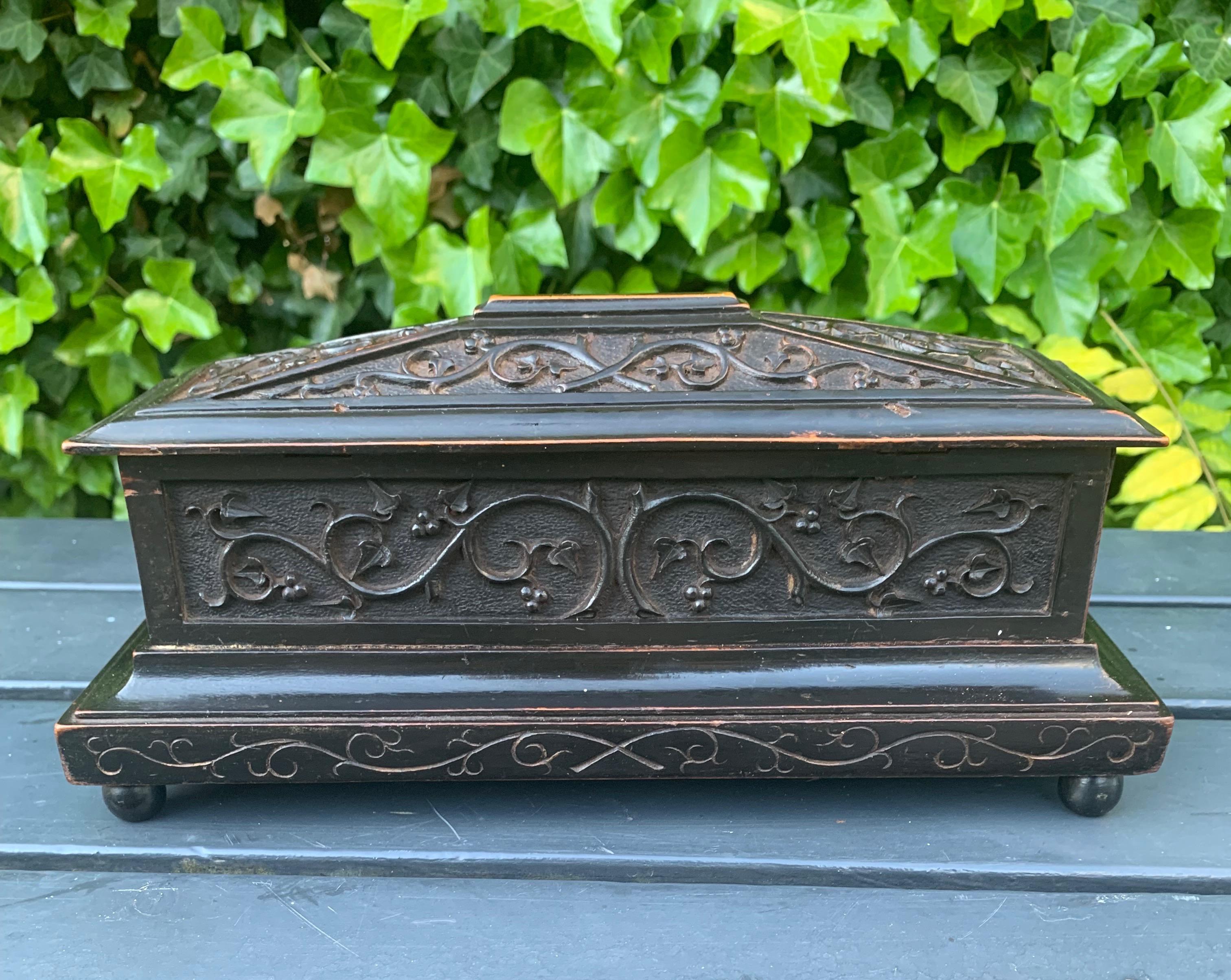 Antique & Beautifully Hand Carved Mid-1800s Gothic Revival Tomb Shape Wooden Box 2