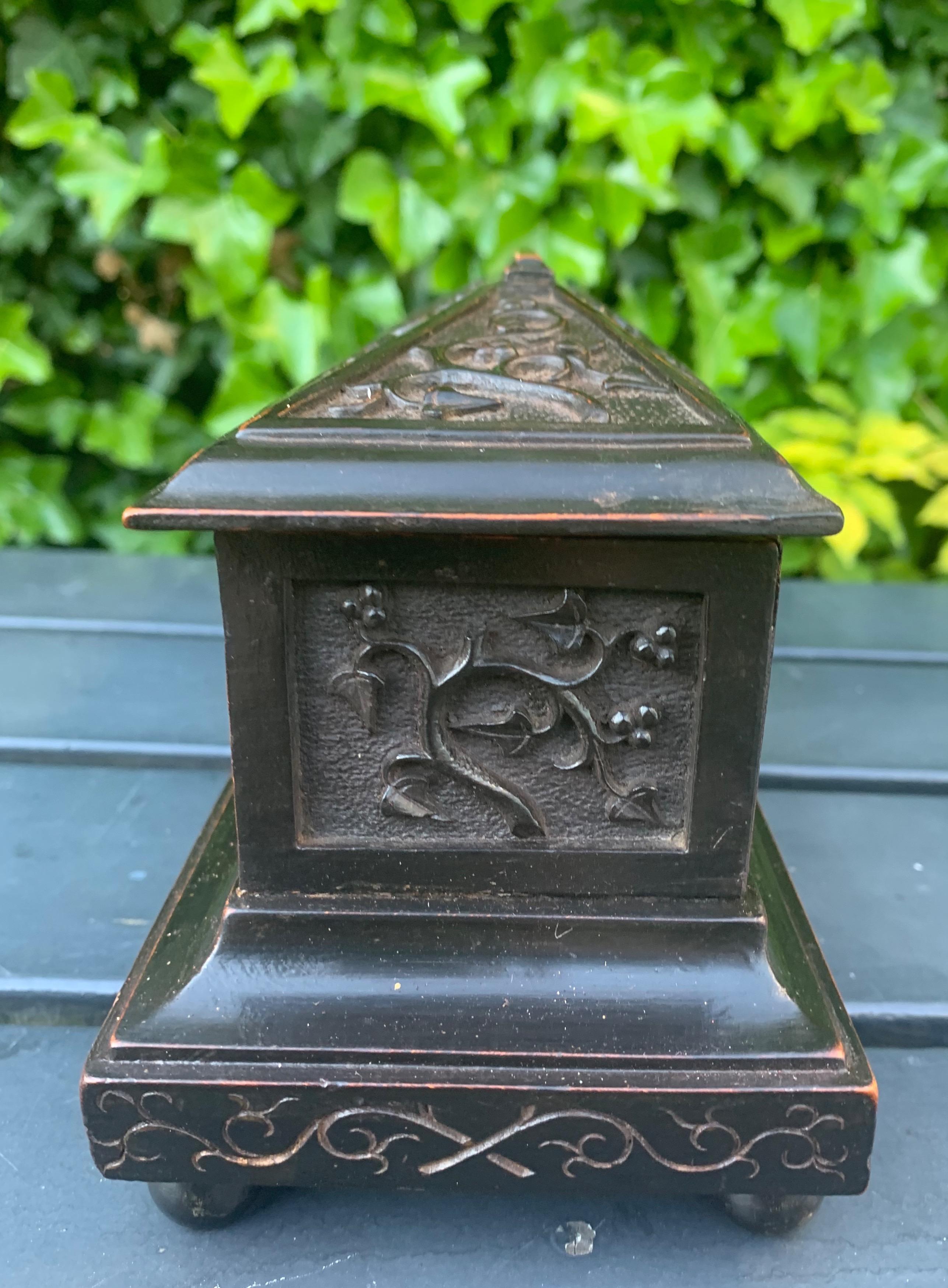 French Antique & Beautifully Hand Carved Mid-1800s Gothic Revival Tomb Shape Wooden Box