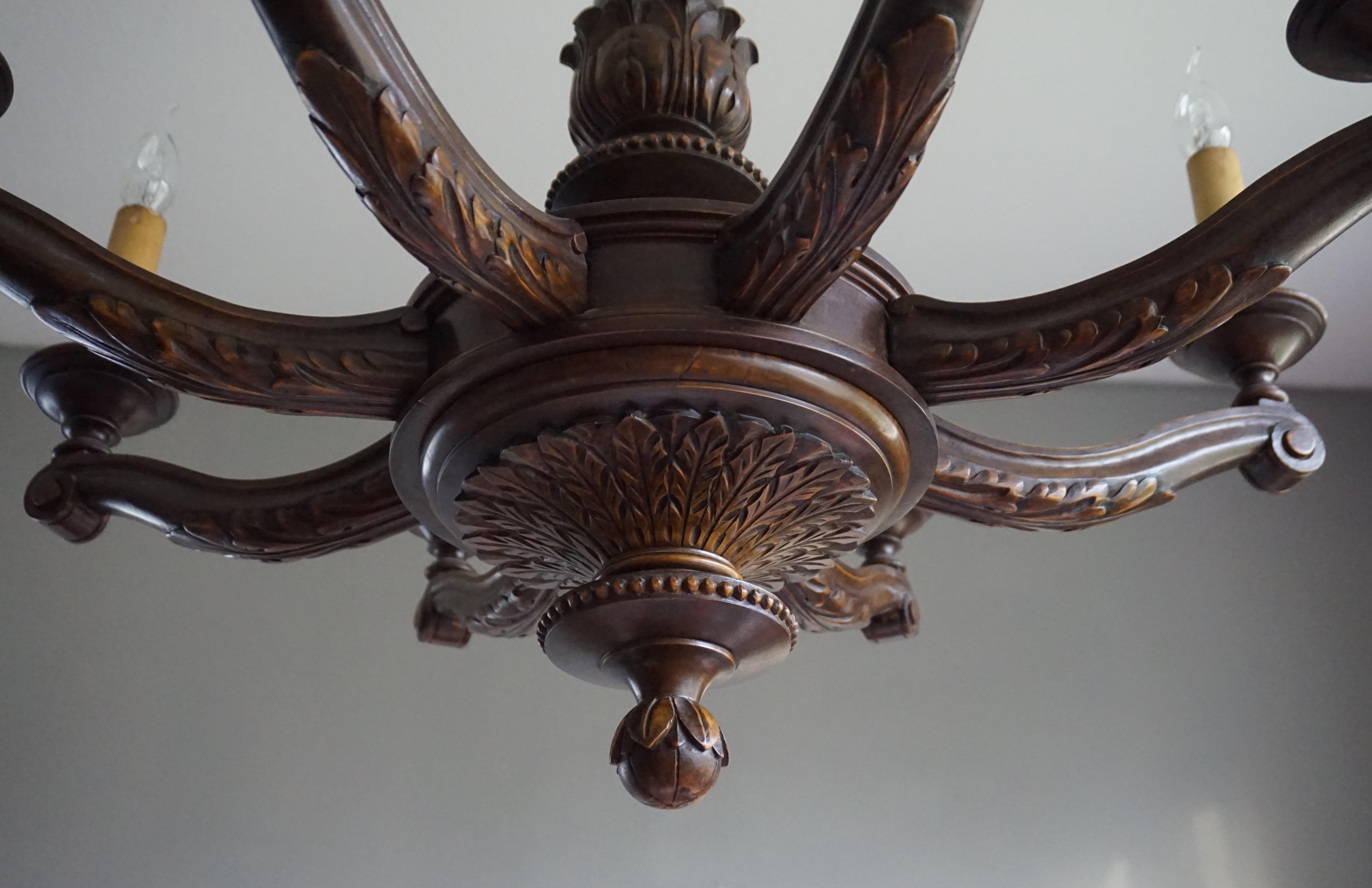 Antique & Beautifully Hand Carved Wooden Chandelier W Eight Candle-like Lights 3