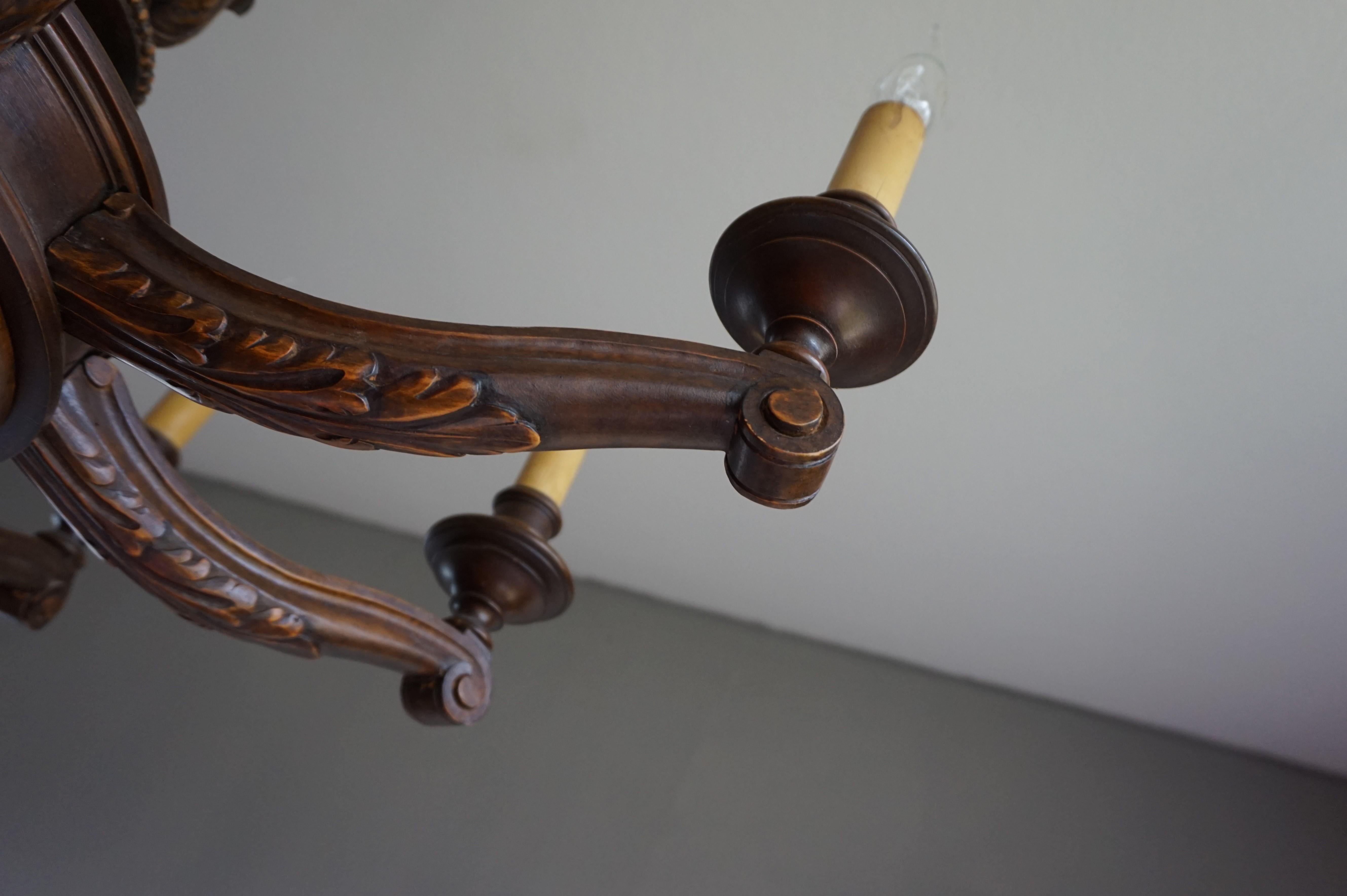 Antique & Beautifully Hand Carved Wooden Chandelier W Eight Candle-like Lights 5