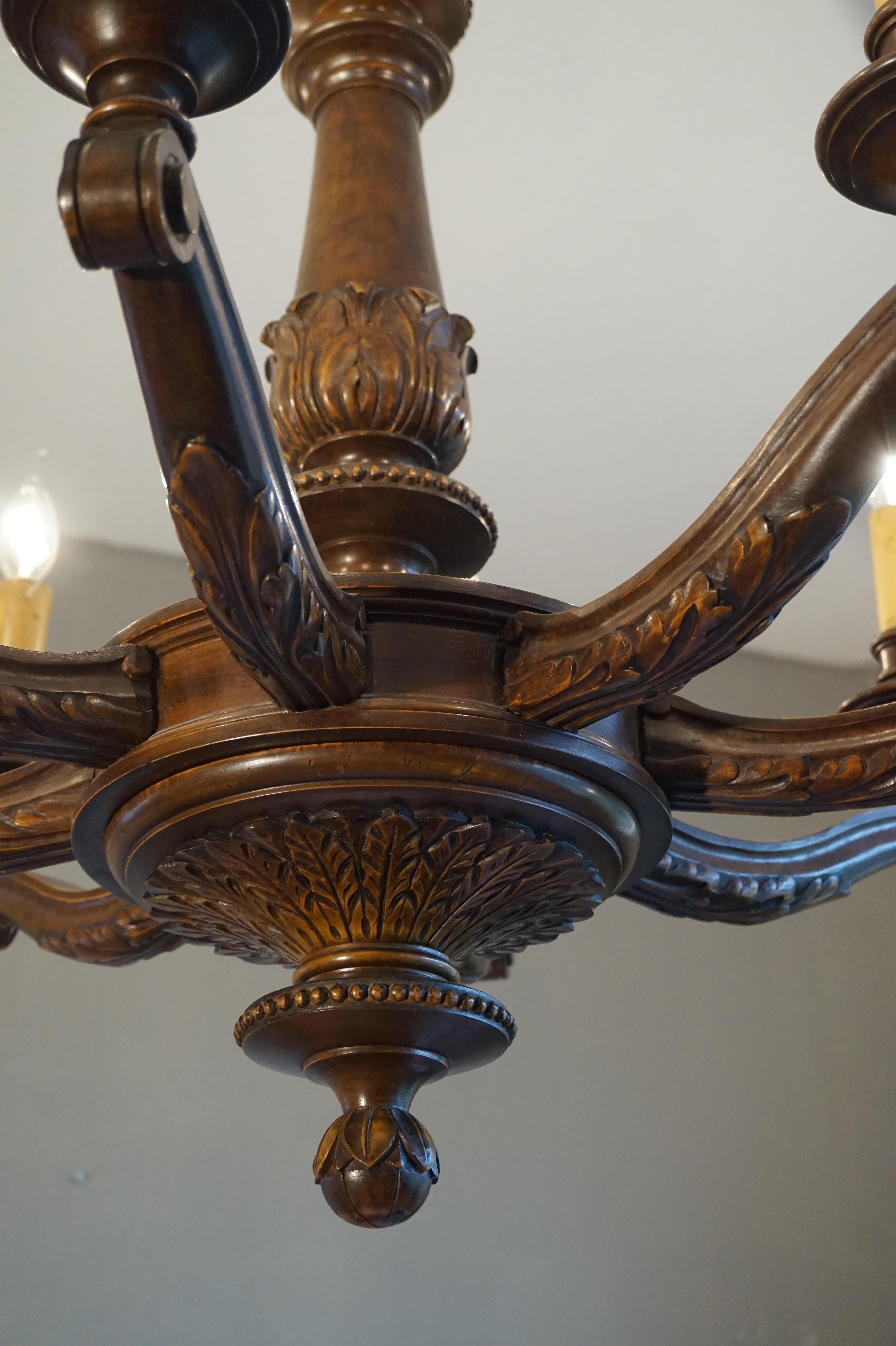 Antique & Beautifully Hand Carved Wooden Chandelier W Eight Candle-like Lights 7