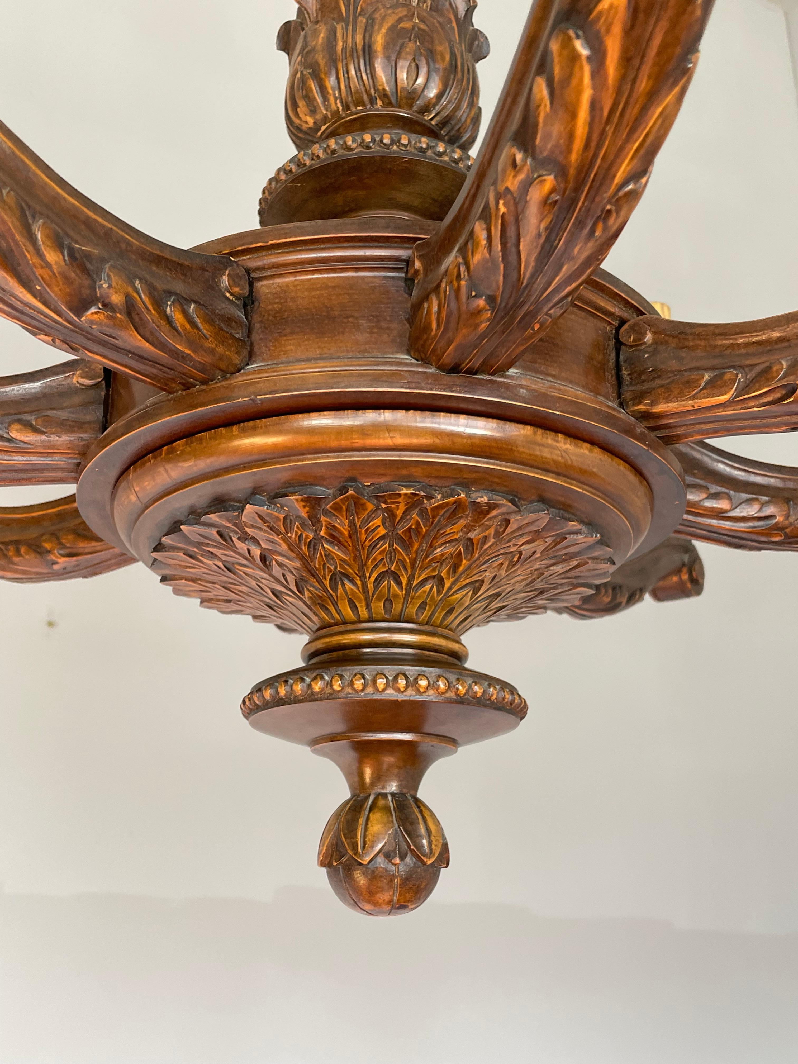 Antique & Beautifully Hand Carved Wooden Chandelier W Eight Candle-like Lights 4
