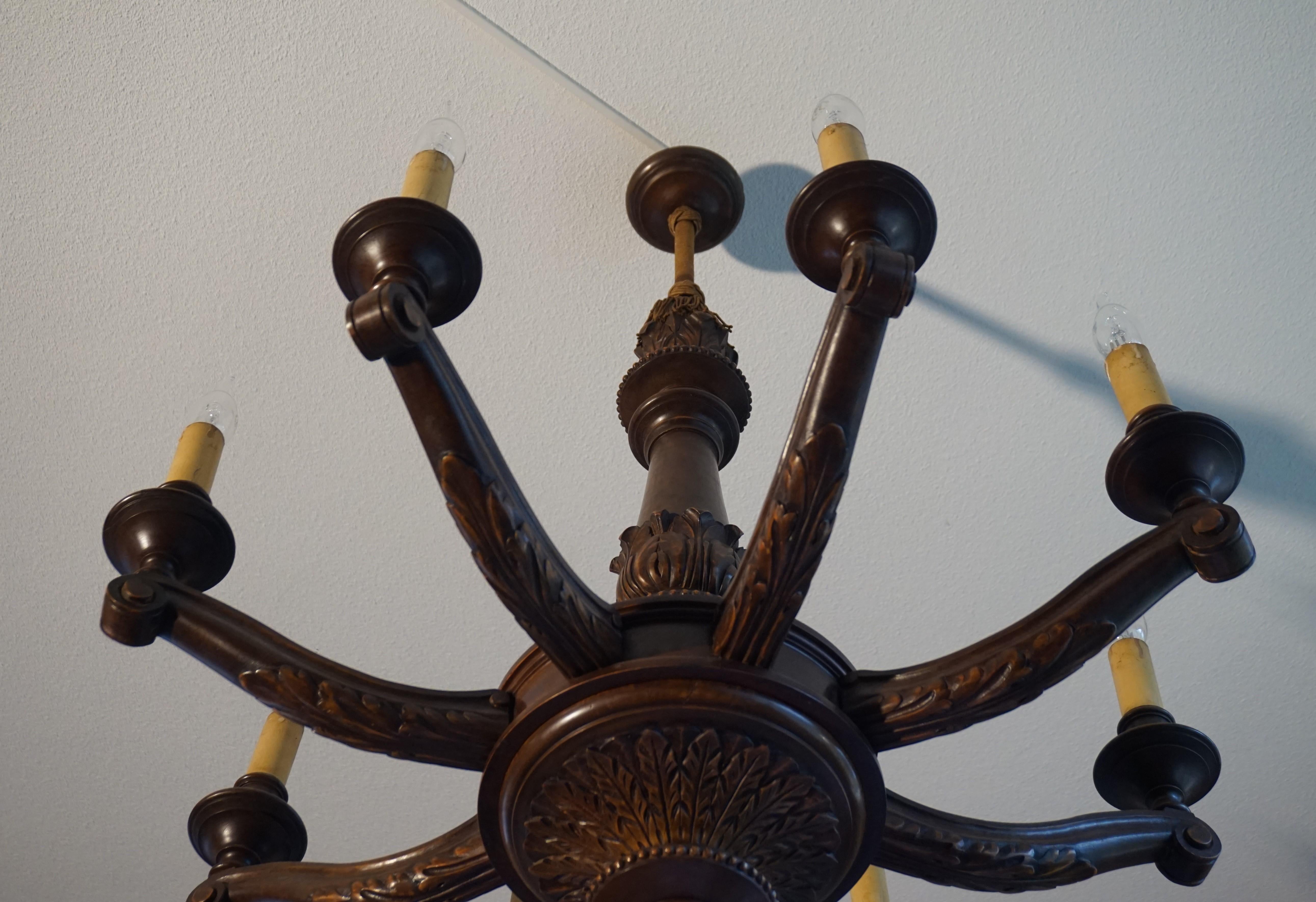 Antique & Beautifully Hand Carved Wooden Chandelier W Eight Candle-like Lights 9