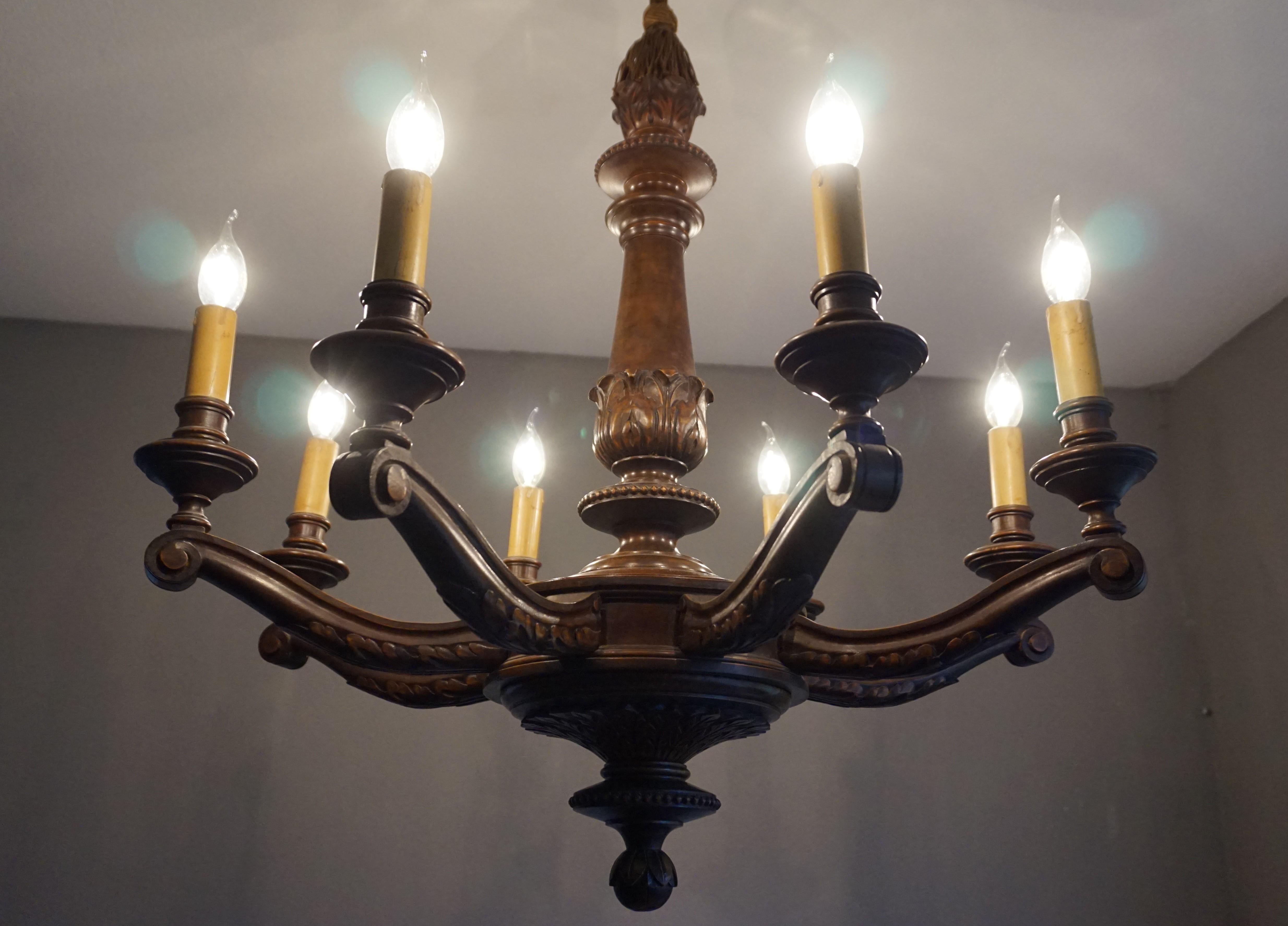 Antique & Beautifully Hand Carved Wooden Chandelier W Eight Candle-like Lights 10