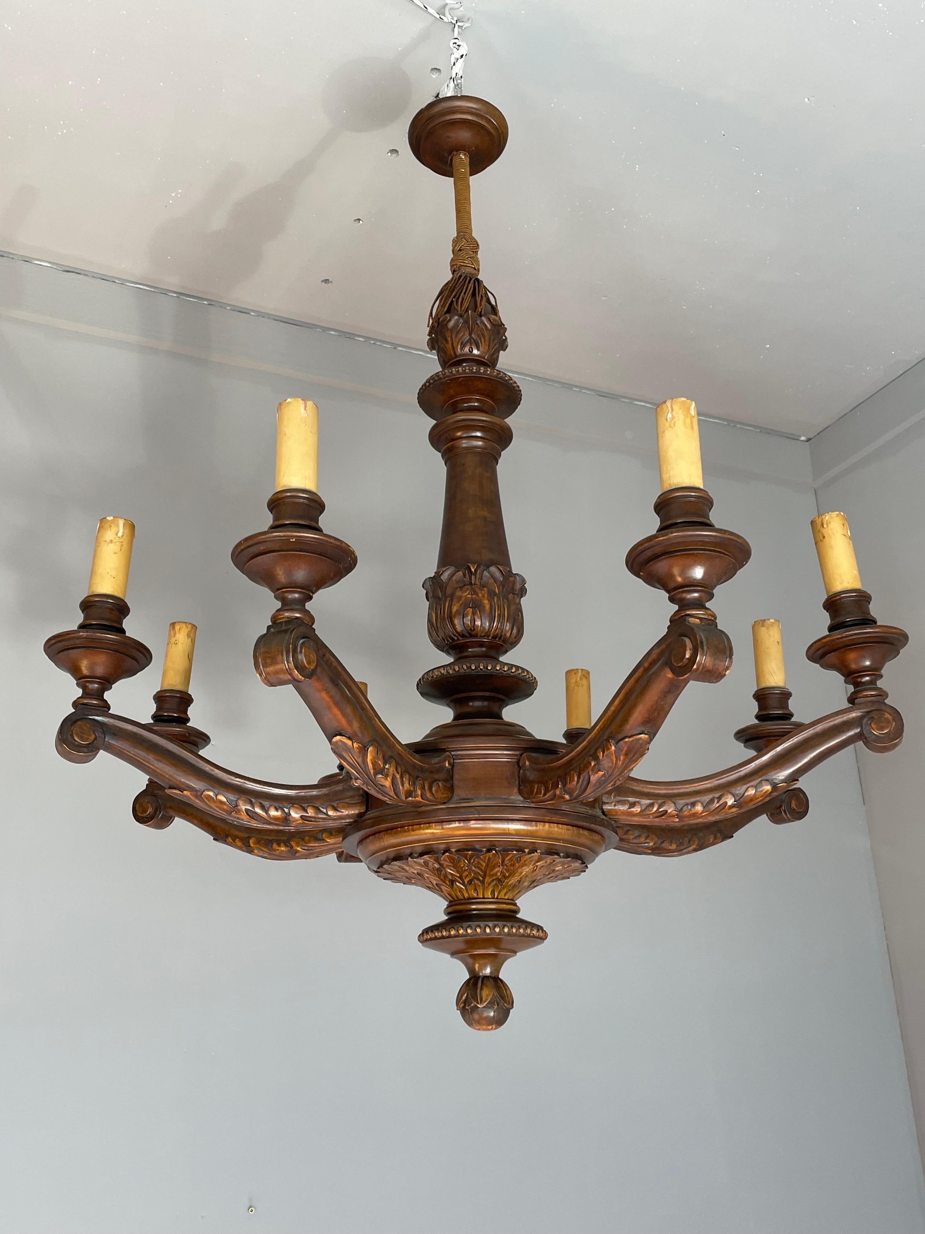 Hand-Carved Antique & Beautifully Hand Carved Wooden Chandelier W Eight Candle-like Lights