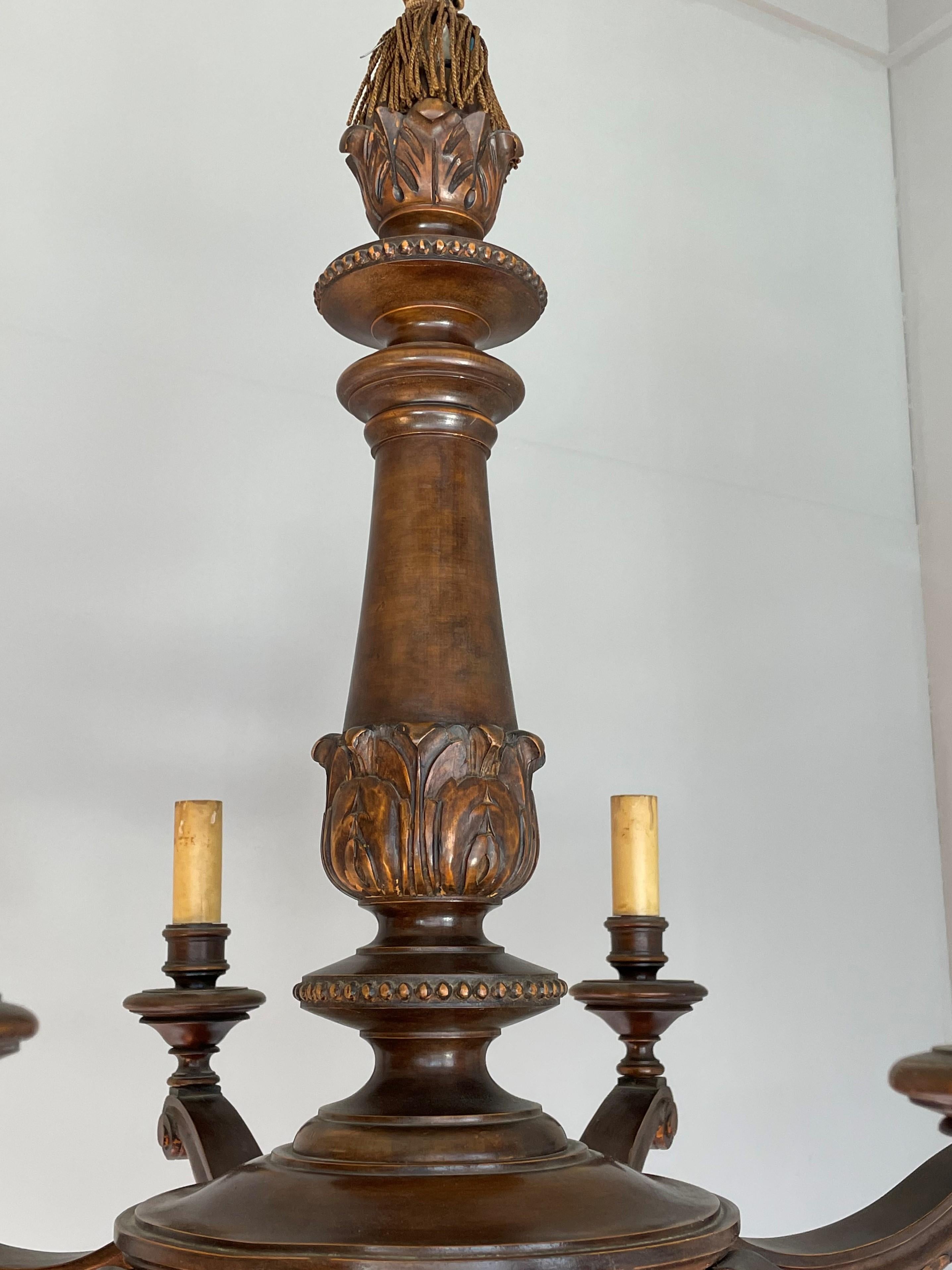 Antique & Beautifully Hand Carved Wooden Chandelier W Eight Candle-like Lights 1