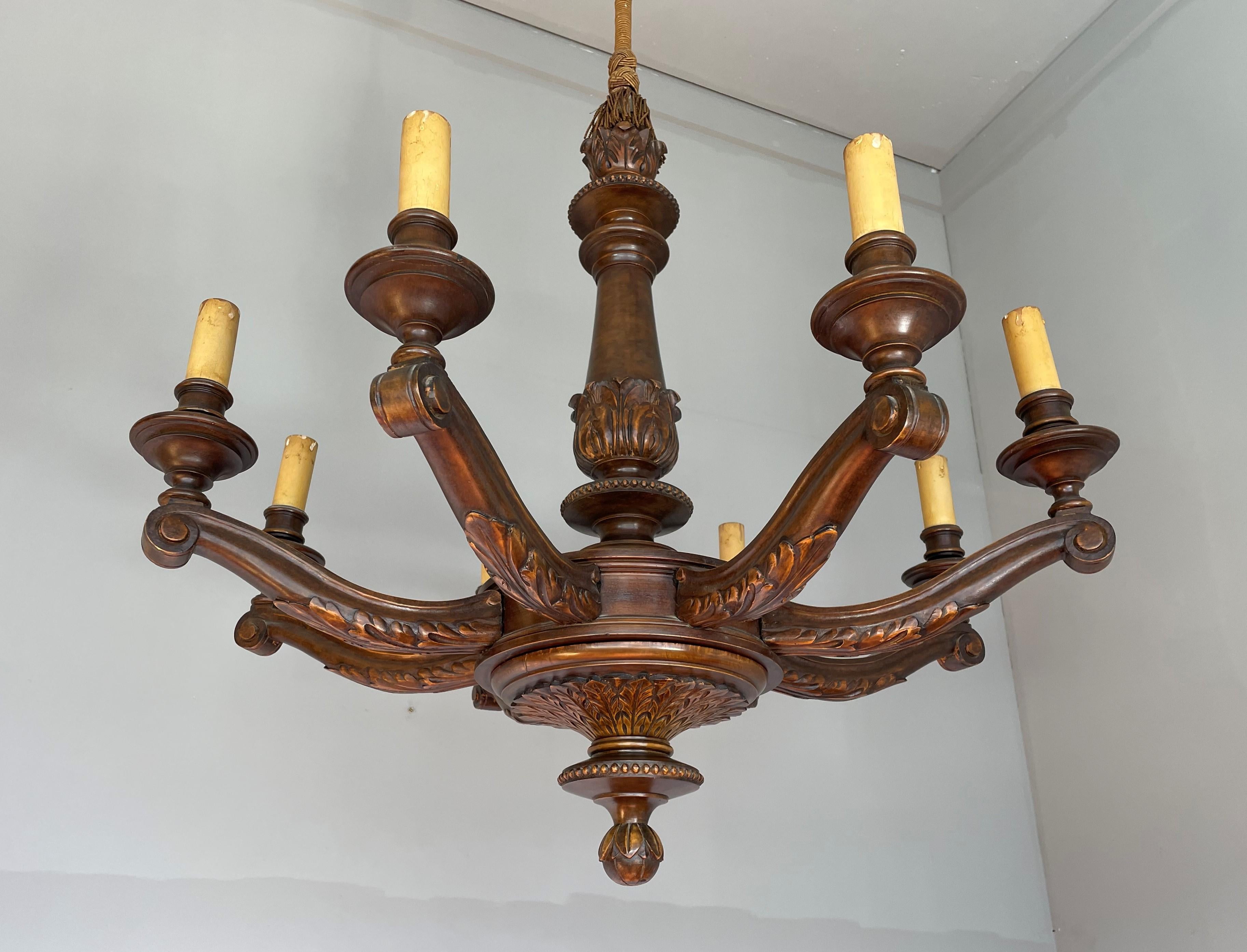 20th Century Antique & Beautifully Hand Carved Wooden Chandelier W Eight Candle-like Lights