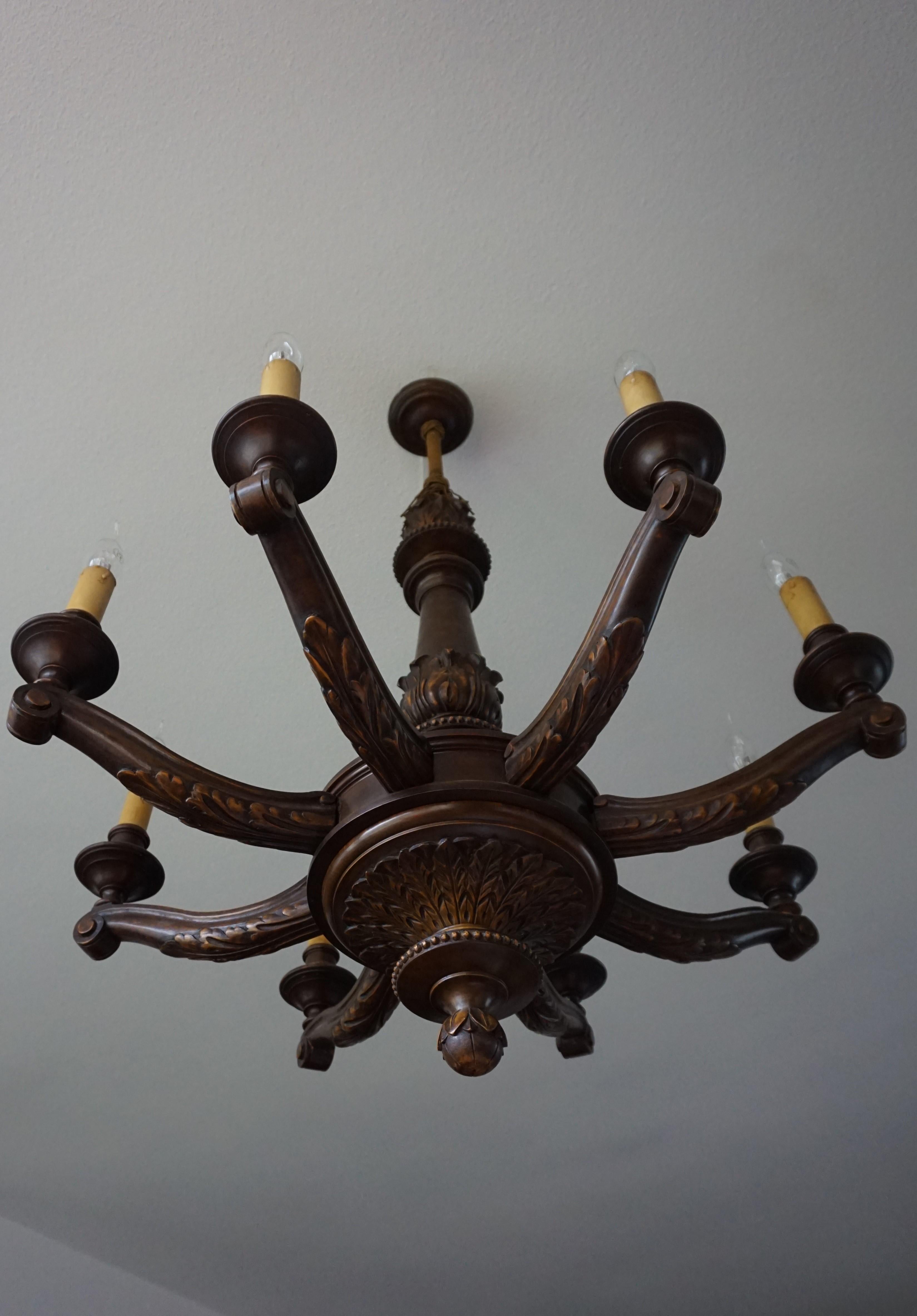 Dutch Antique & Beautifully Hand Carved Wooden Chandelier W Eight Candle-like Lights