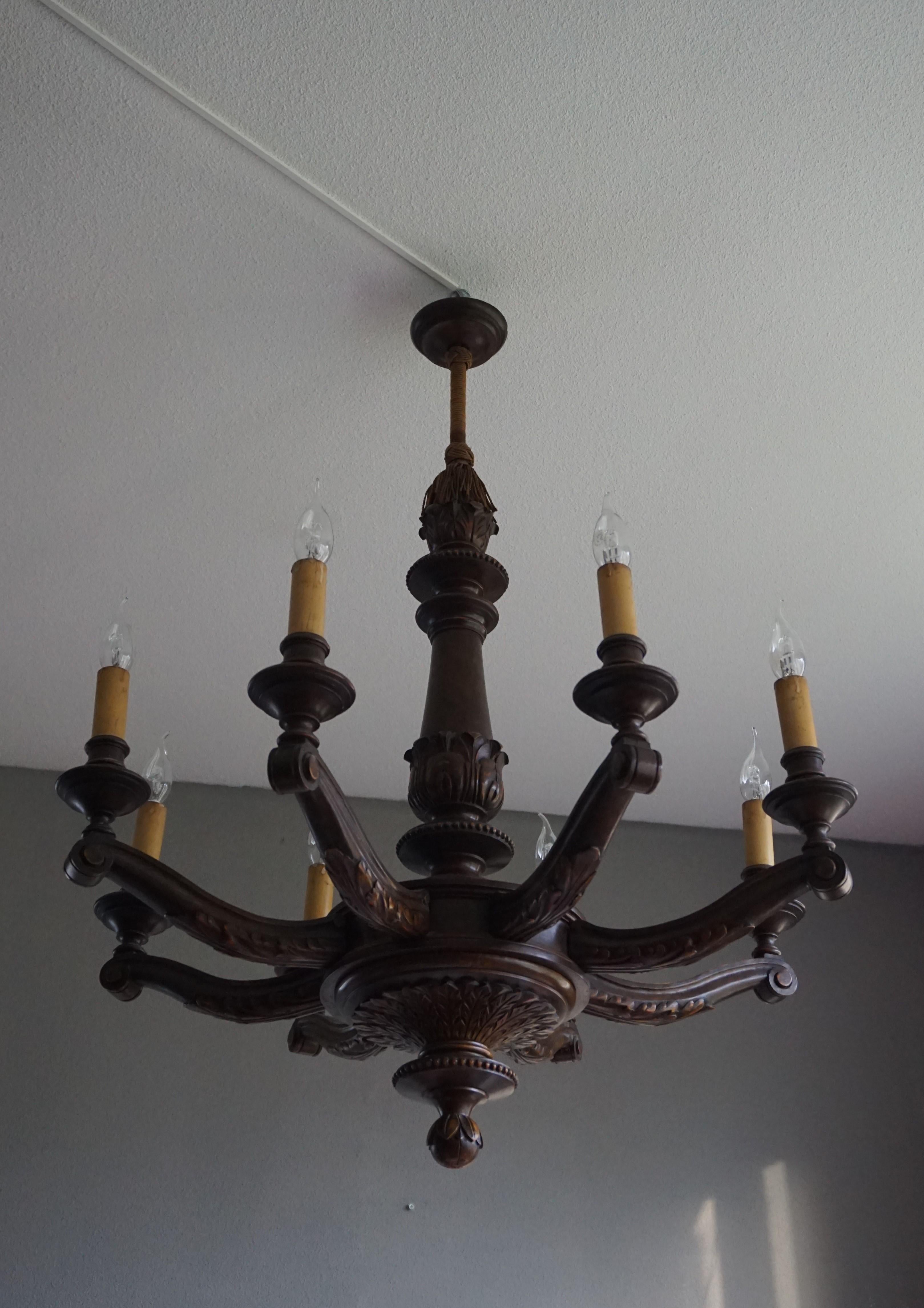 Antique & Beautifully Hand Carved Wooden Chandelier W Eight Candle-like Lights In Good Condition In Lisse, NL