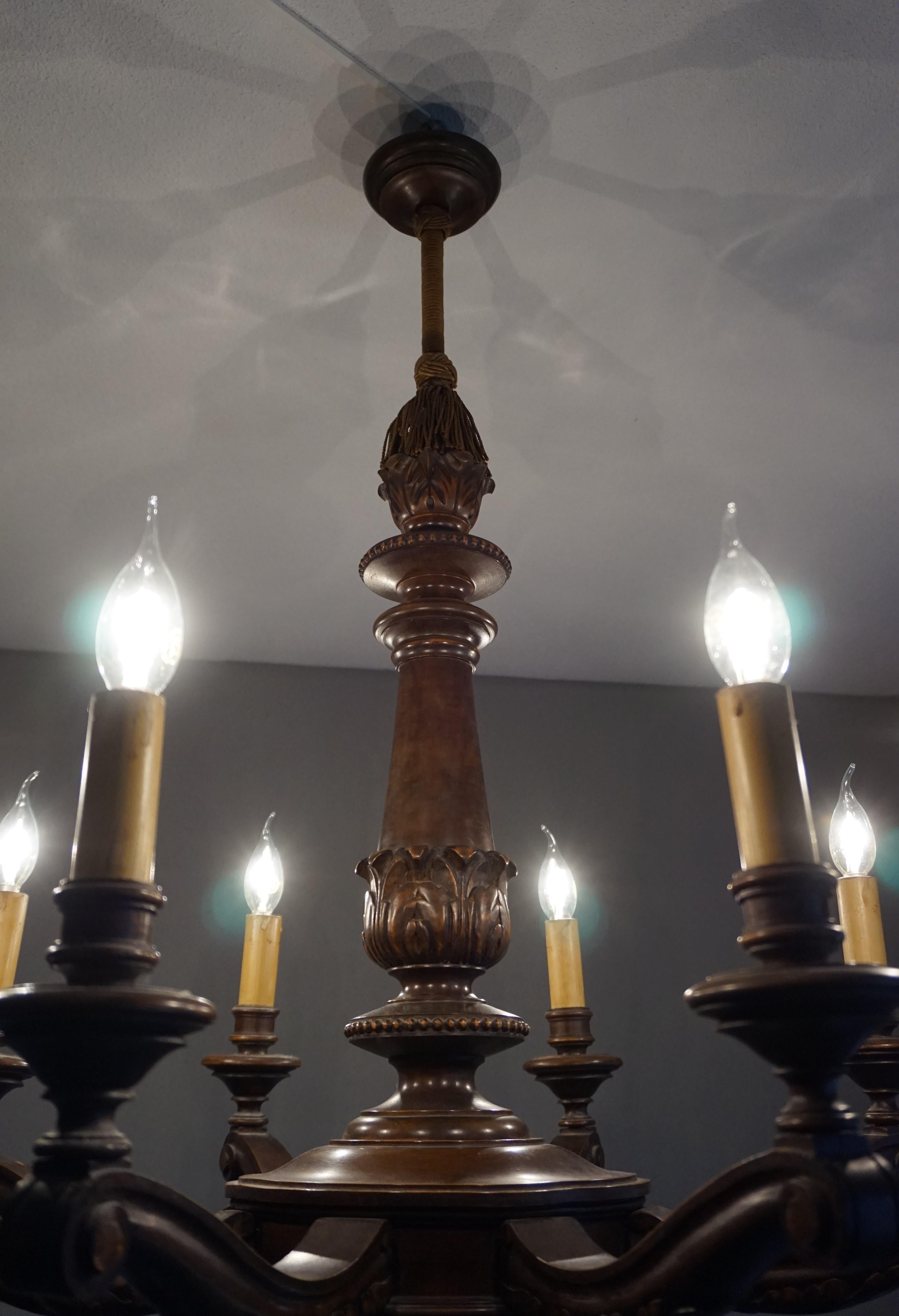 Metal Antique & Beautifully Hand Carved Wooden Chandelier W Eight Candle-like Lights