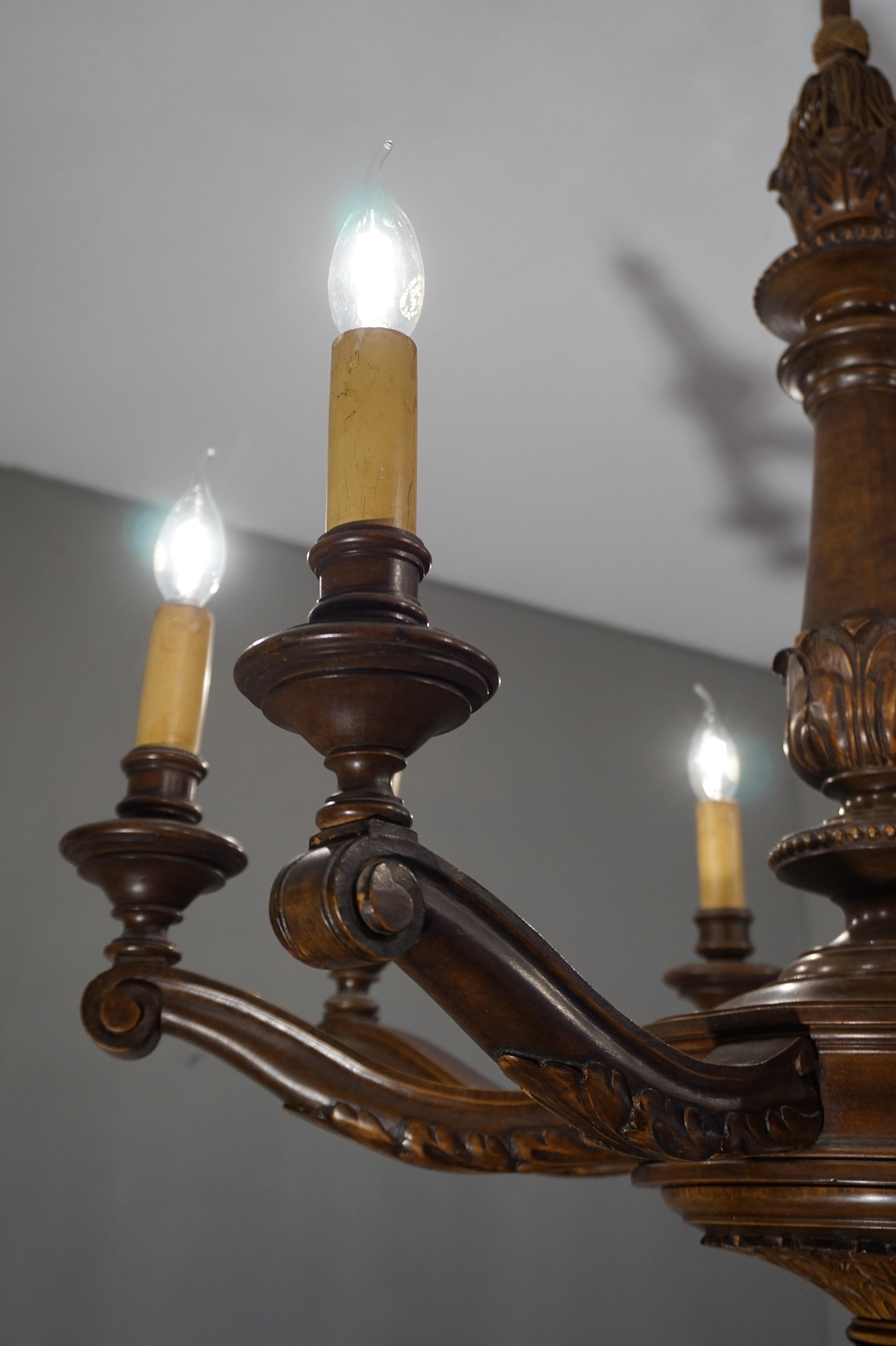 Antique & Beautifully Hand Carved Wooden Chandelier W Eight Candle-like Lights 2