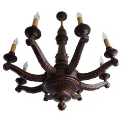 Antique & Beautifully Hand Carved Wooden Chandelier W Eight Candle-like Lights