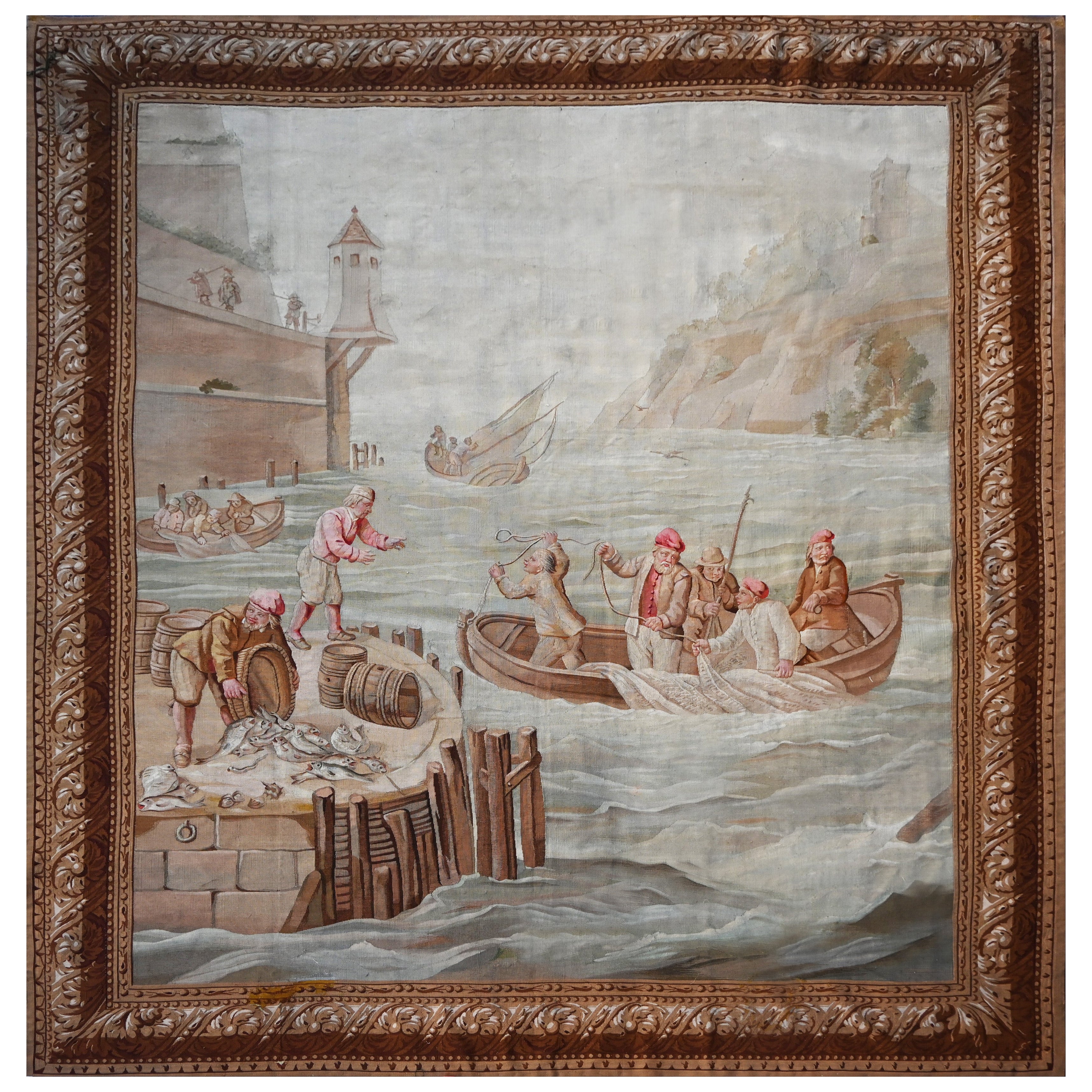 Antiguo Tapiz de Beauvais - "llegada de los pescadores" - Nº 1406 - 230x260