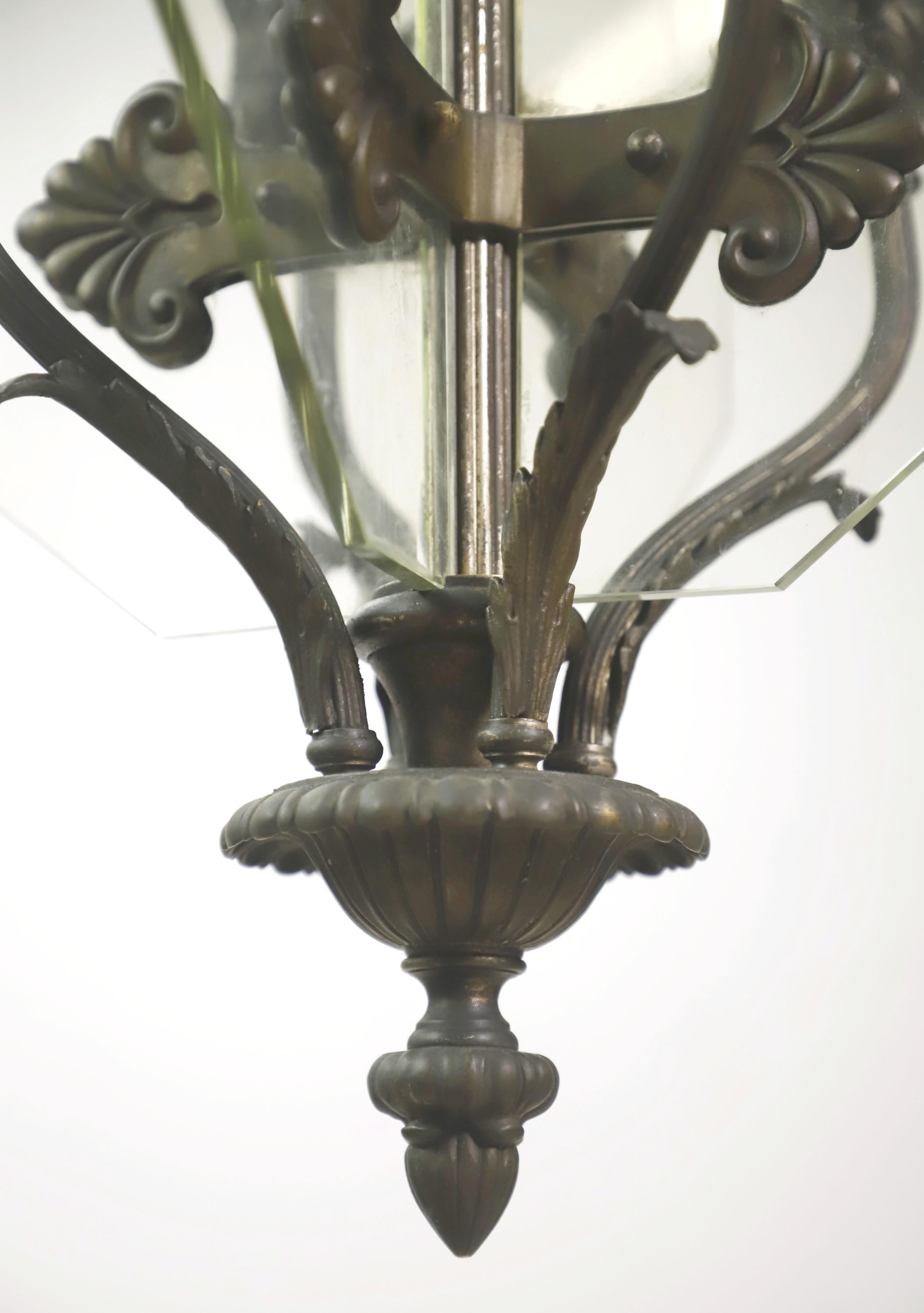 American Antique Beaux Arts Bronze Chandelier 4 Lights Glass Panels