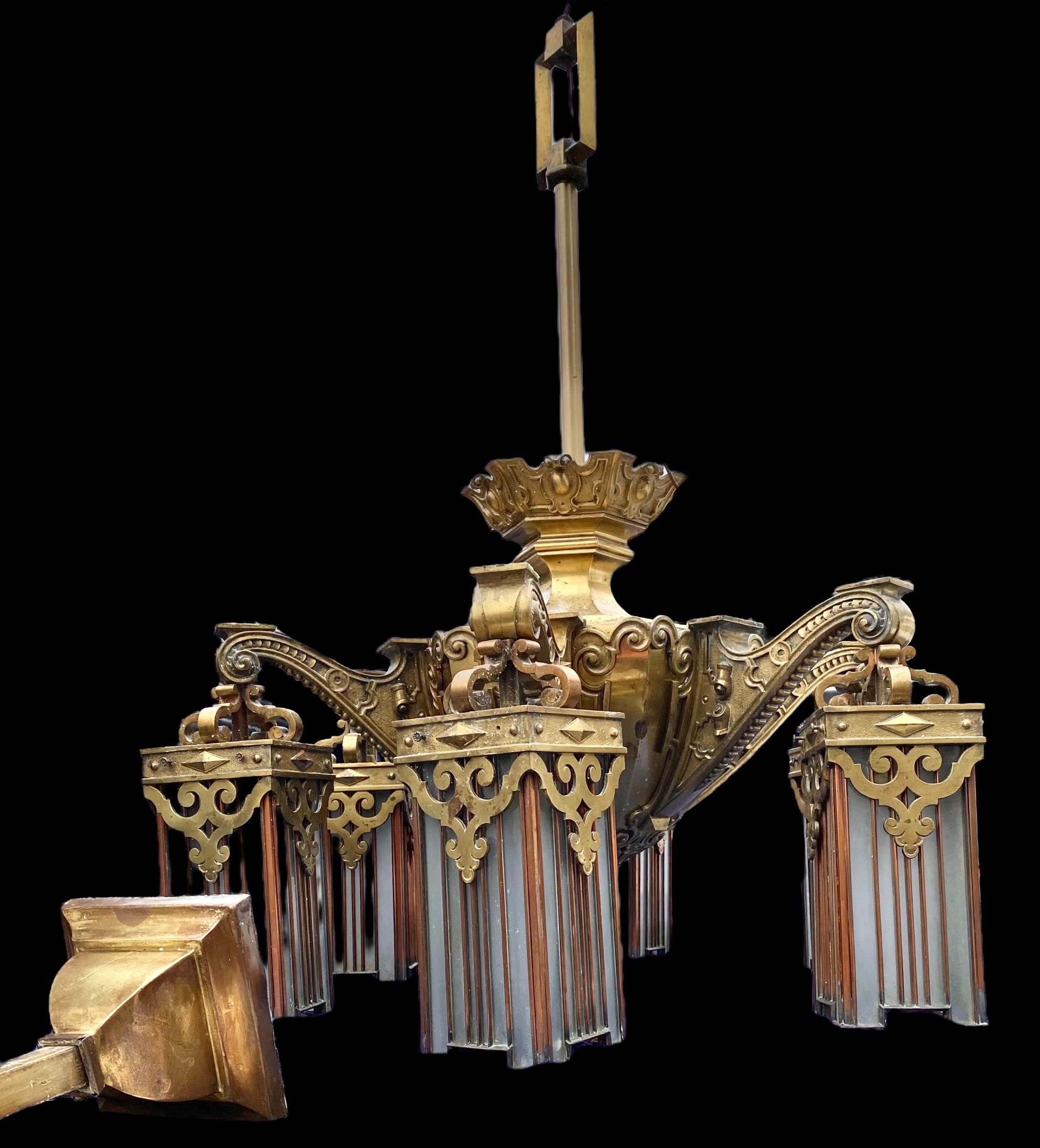 Art Glass Antique Beaux Arts Copper and Brass Chandelier