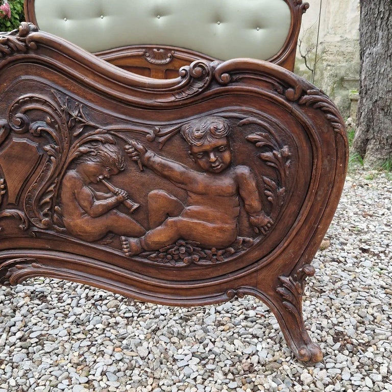 Antique Italian Bed King Size Hand Carved Upholstered Original Rare Bed For Sale at 1stDibs